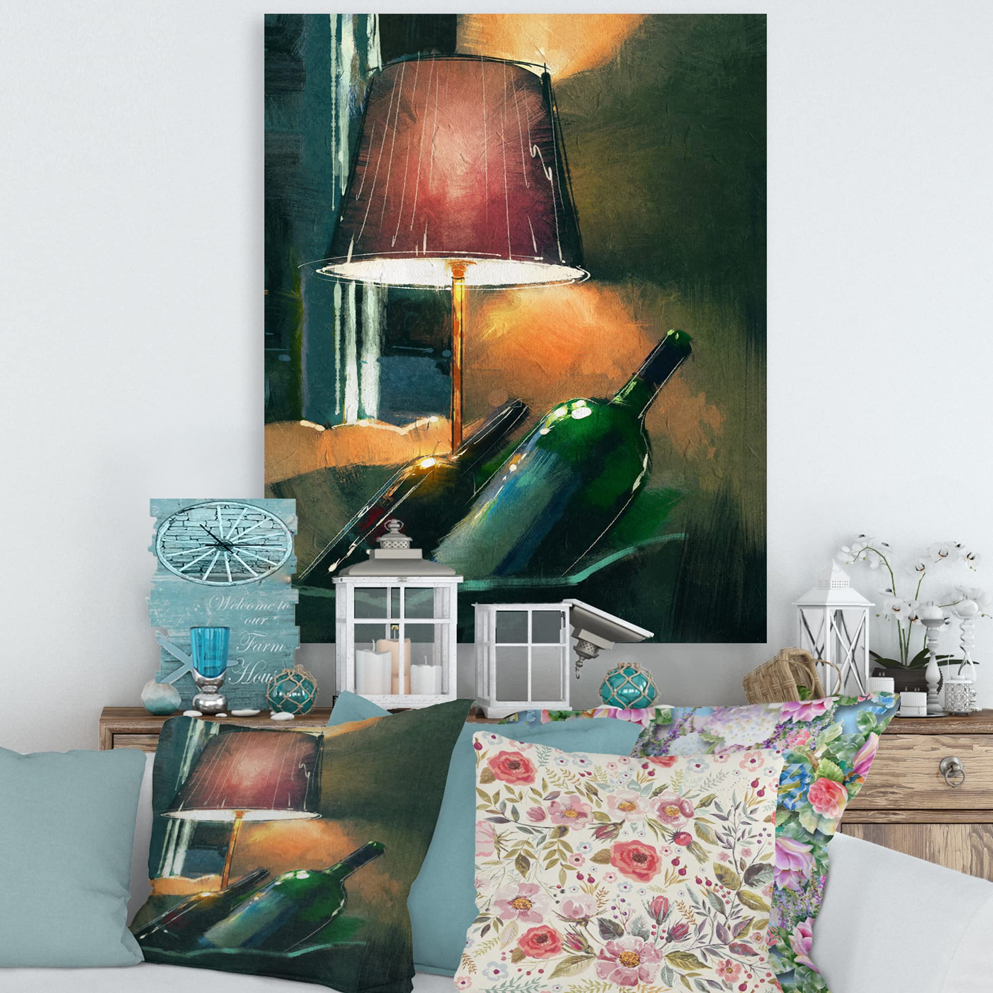 DesignQ Glowing Orange Wine Bottles & Lamp Night Light - Modern Canvas Wall Art for Living Room, Bedroom, and Home Decor