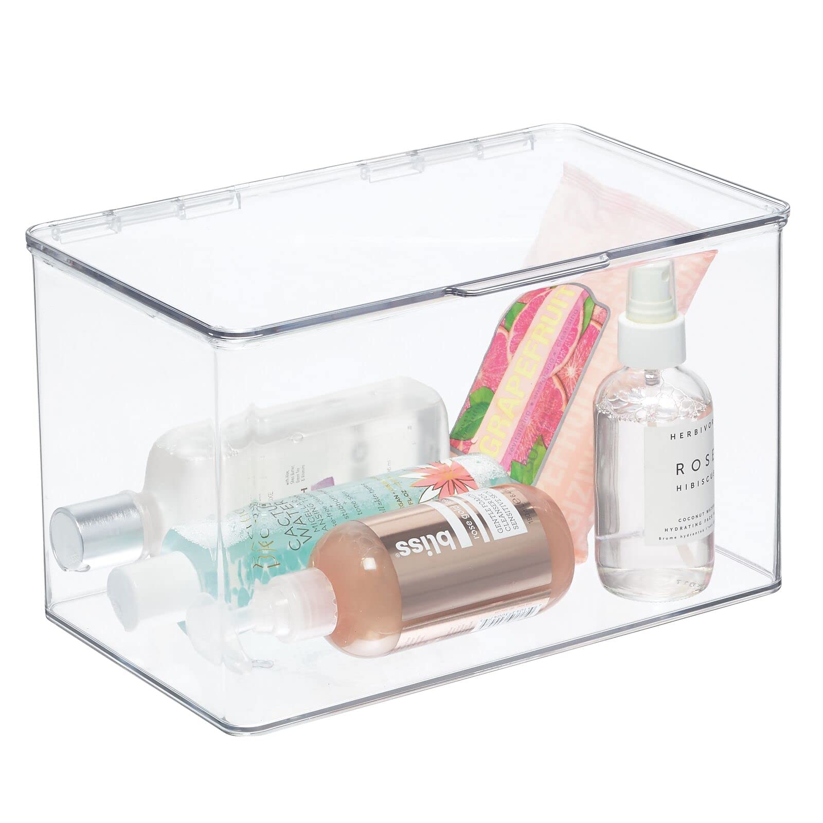 mDesign Clear Plastic Bathroom Storage Box with Hinged Lid - Stackable Organizer for Soap, Shampoo, Lotion, Towels & Hair Accessories - 4 Pack - Perfect for Shower, Vanity & Closet Organization (Lumiere Collection)