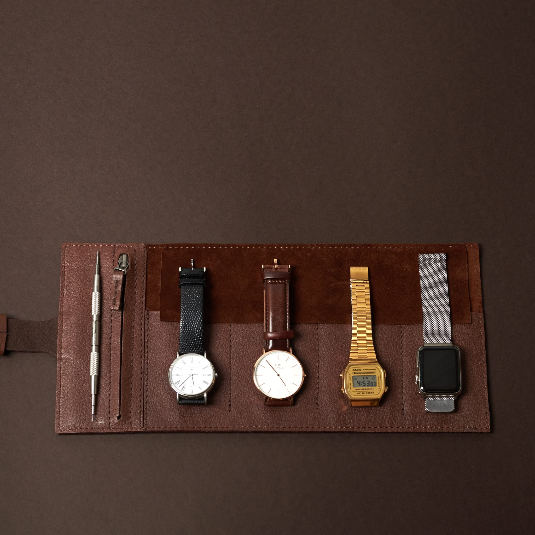 Premium Leather Watch Roll for Men - 3 Watch Storage Pouch with Soft Lining | Travel Watch Organizer Case for Rolex, Apple Watch & Luxury Watches | Perfect Gift for Watch Collectors & Business Travel (Brown, Holds 4 Watches) - Ideal for Travel, Office & Watch Collection Display
