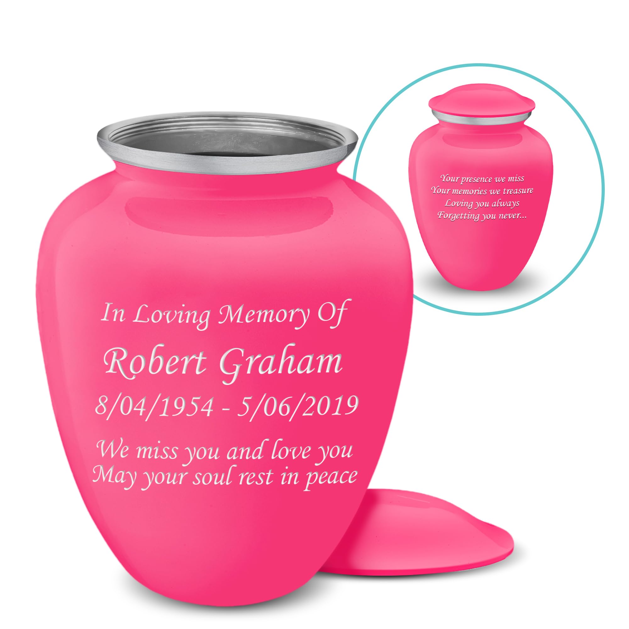 Personalized Cremation Urns for Human Ashes - Large Bright Pink Funeral Urn for Adults with Double Side Engraving (Holds 200 lbs) - Perfect for Memorial Services, Home Display & Honoring Loved Ones