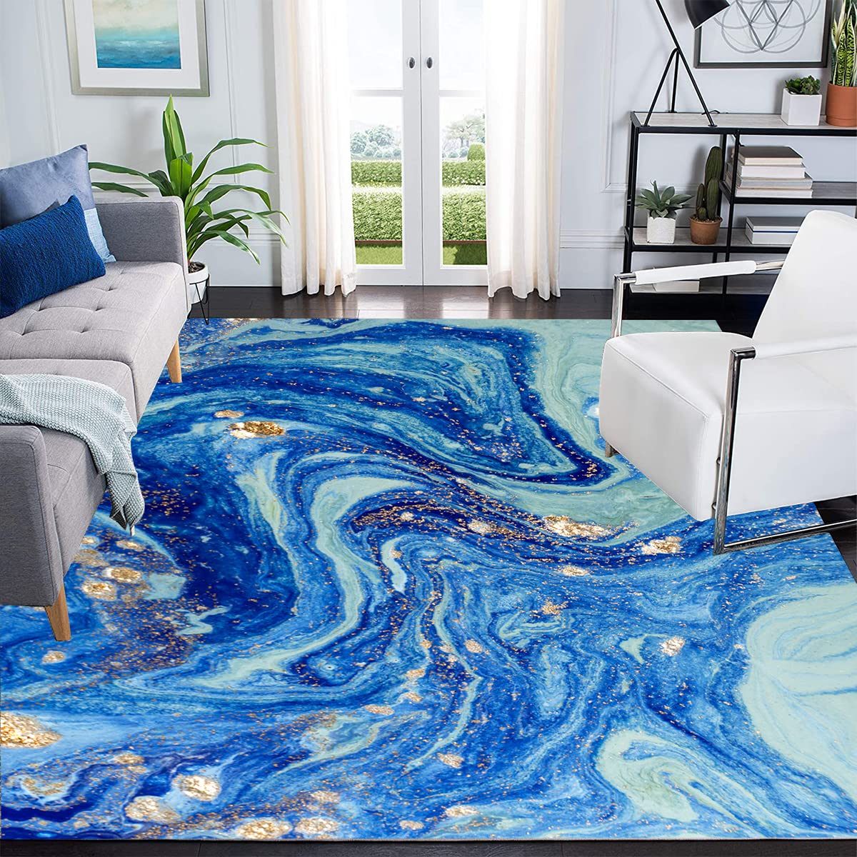 Modern Abstract Liquid Design 6x8 Area Rug - Blue Beige Gold Ocean Wave Print Carpet for Living Room, Bedroom, Dining Room | Boho Chic Floor Rug for Under Coffee Table, Indoor Kitchen & Laundry Room Decor | Soft & Stylish Home Accent