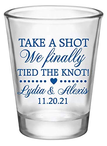 Custom Wedding Favor Shot Glasses - Personalized 'Take a Shot We Finally Tied The Knot' Engraved Whiskey Glasses - Bulk Wedding Guest Favors for Bridal Showers, Receptions & Anniversary Parties