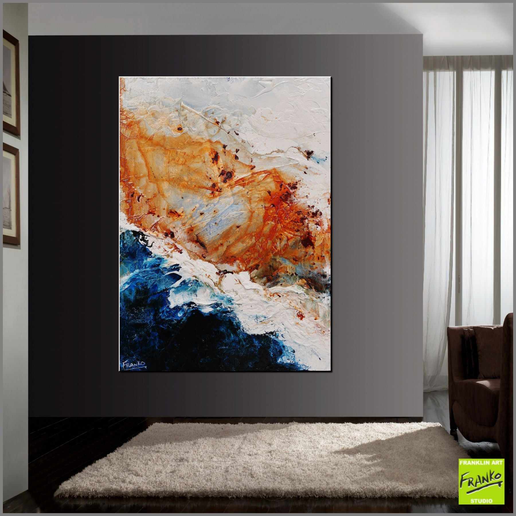 140cm x 100cm Blue White Brown Textured Abstract Wall Art Painting - Modern Home Decor for Living Room, Bedroom & Office