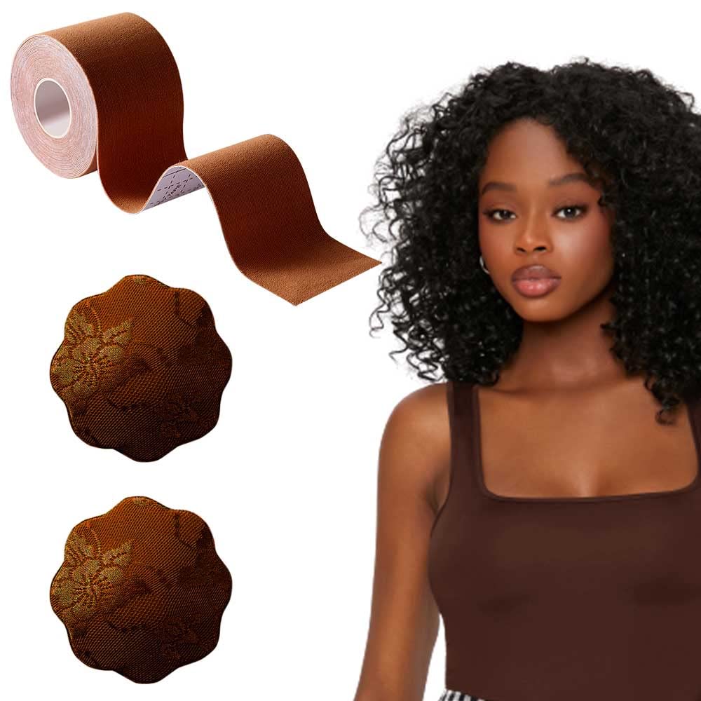 Okela Breast Lift Tape - Sweat Proof & Reusable Body Tape for All Breast Sizes | Instant Boob Lift Support with Lace Cover | Perfect for Backless Dresses, Swimwear & Special Occasions (Brown)
