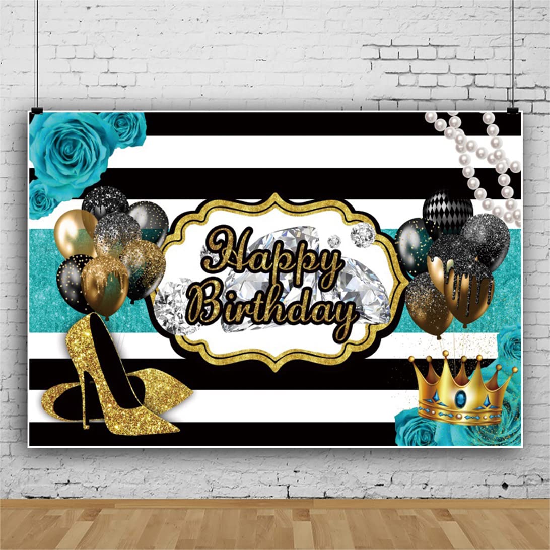 5x3FT Blue Rose Black and White Stripes Birthday Backdrop with Golden Heels, Balloons & Pearl Necklace - Photography Background for Women's Fabulous Birthday Party, Bridal Shower, Baby Shower Decorations