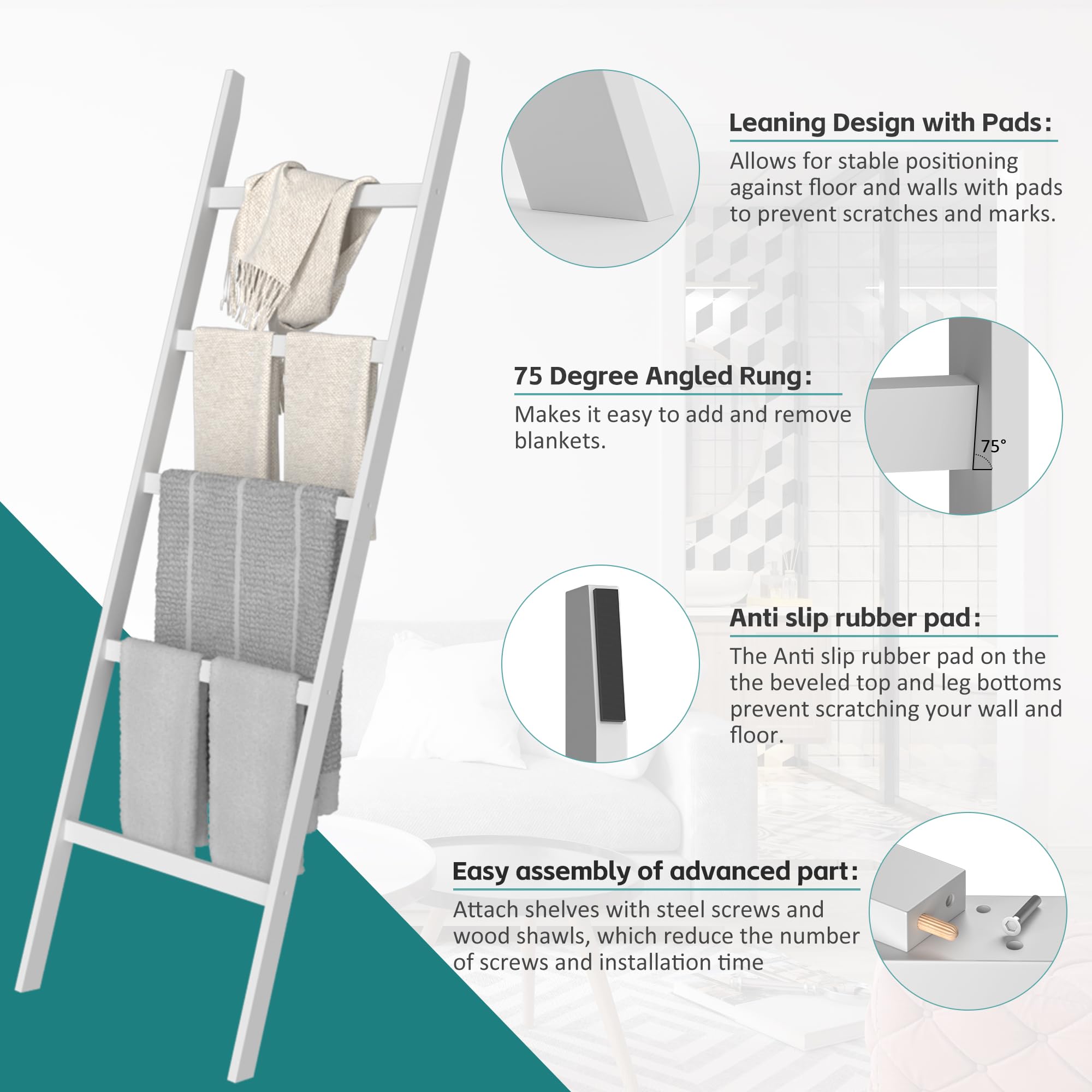 5-Tier Blanket Ladder with Anti-Slip Design - Decorative Towel Rack for Blankets, Quilts & Scarves | Space-Saving Storage Solution for Living Room, Bedroom & Bathroom | Rustic Farmhouse Home Decor (White) - Perfect for Cozy Blanket Displays & Bathroom Towel Organization