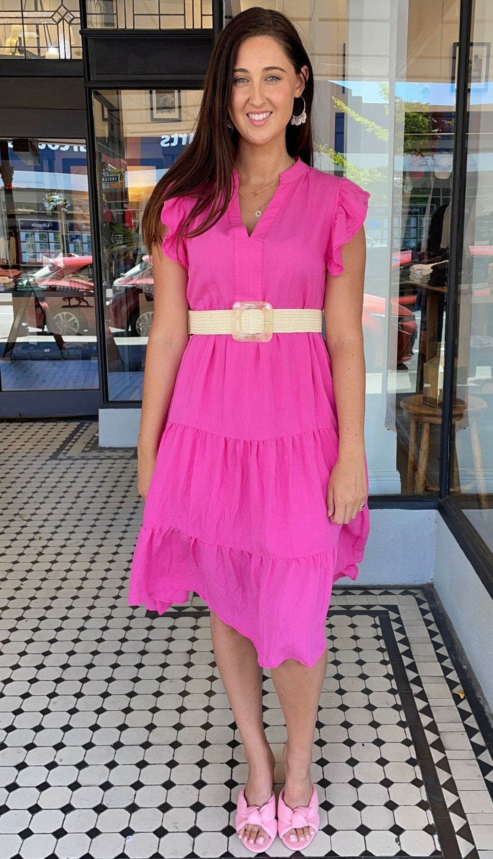 Jules V-Neck Tiered Midi Dress in Hot Pink - Flowy Summer Dress for Women, Perfect for Beach Vacations, Date Nights & Special Occasions