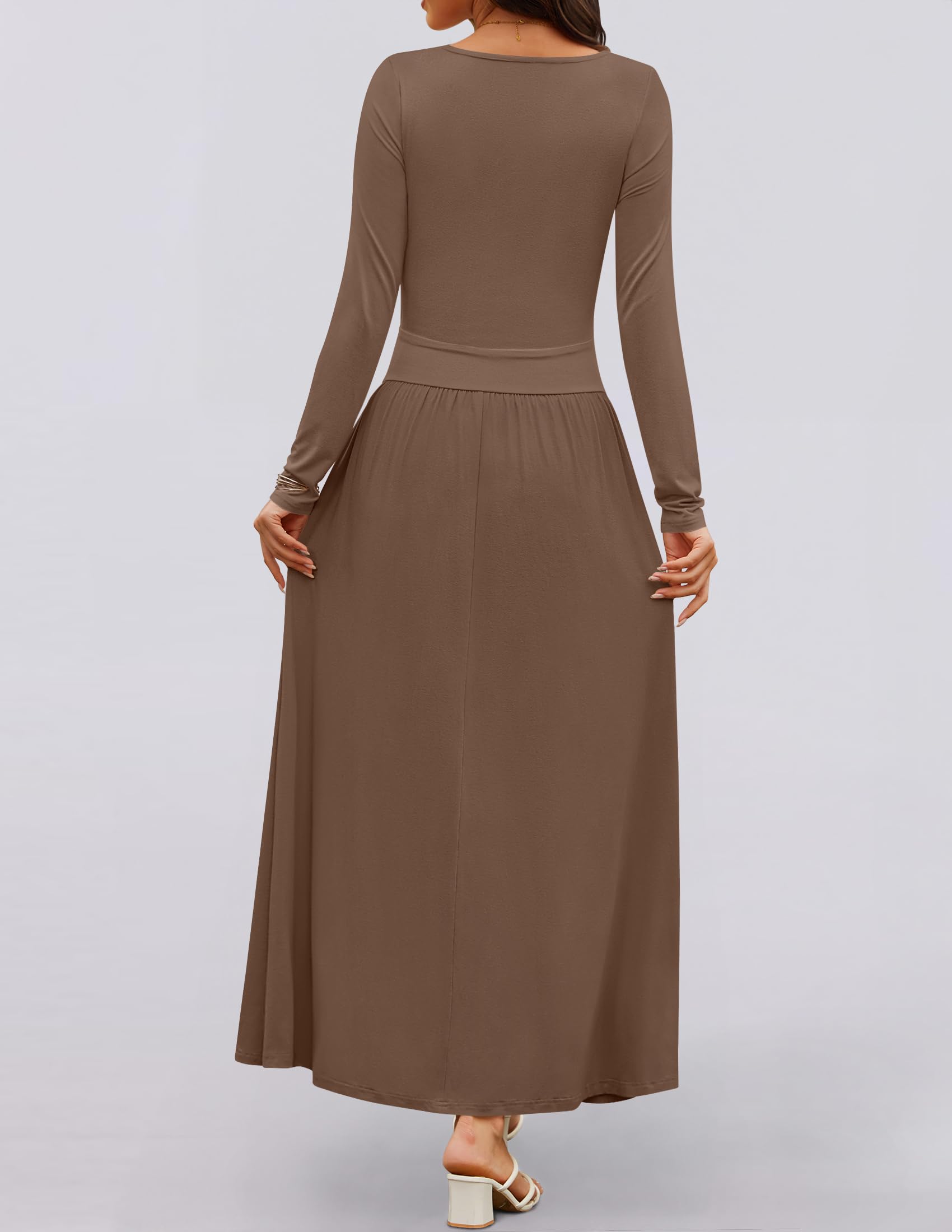 ZESICA Women's Long Sleeve Maxi Dress 2025 - Crewneck Knit Casual Swing Dress with Pockets | Spring Slim Pleated Flowy Dress for Brunch, Date Night & Vacation Outfits