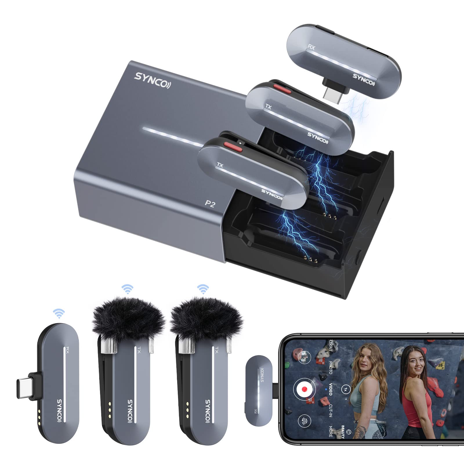 SYNCO P2ST 2.4GHz Wireless Lavalier Microphone with Charging Case - Dual Mic System (2TX 1RX) for USB-C Smartphones - Perfect for YouTube, TikTok Live Streaming, Vlogging & Podcasting - Ideal for Content Creators, Interviewers & Travel Vloggers