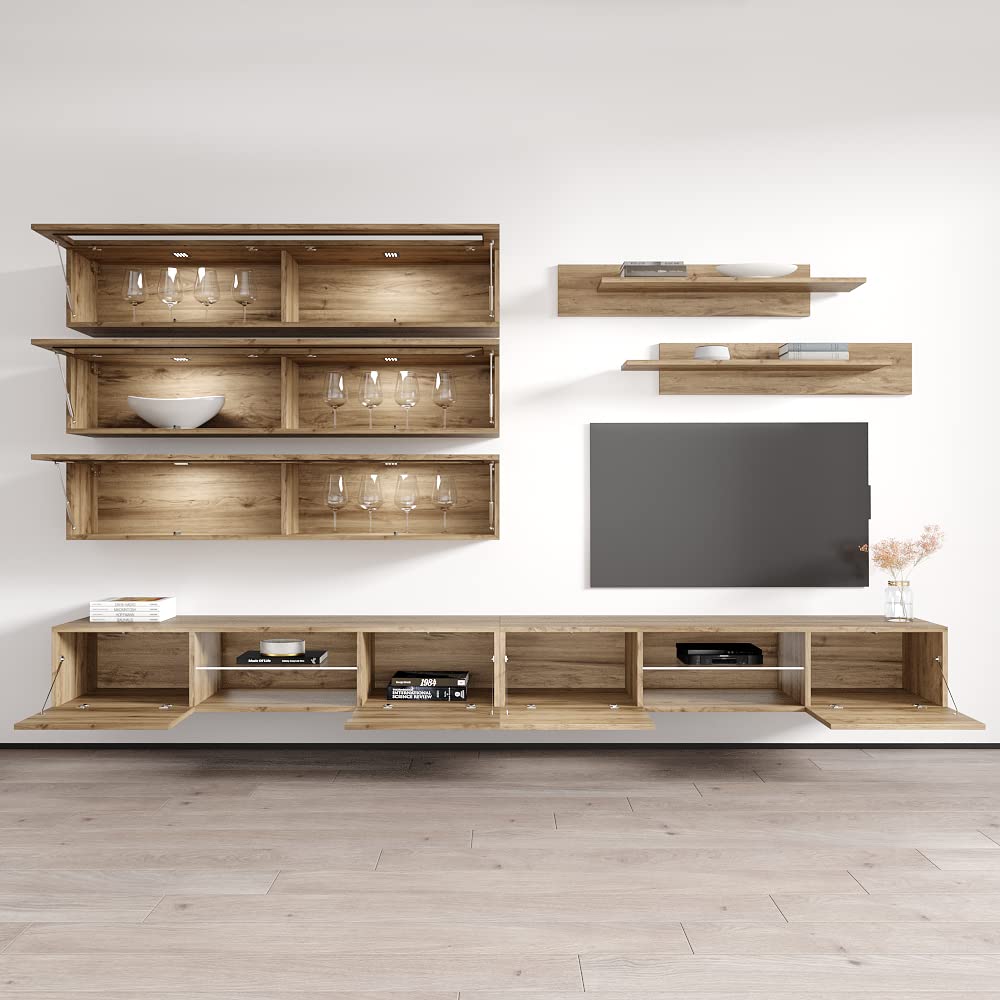Modern Floating TV Stand with Storage & LED Lights - Wall-Mounted Entertainment Center for Bedroom & Living Room - Oak Wood TV Console with Shelves - Perfect for Small Spaces & Home Theater Setup