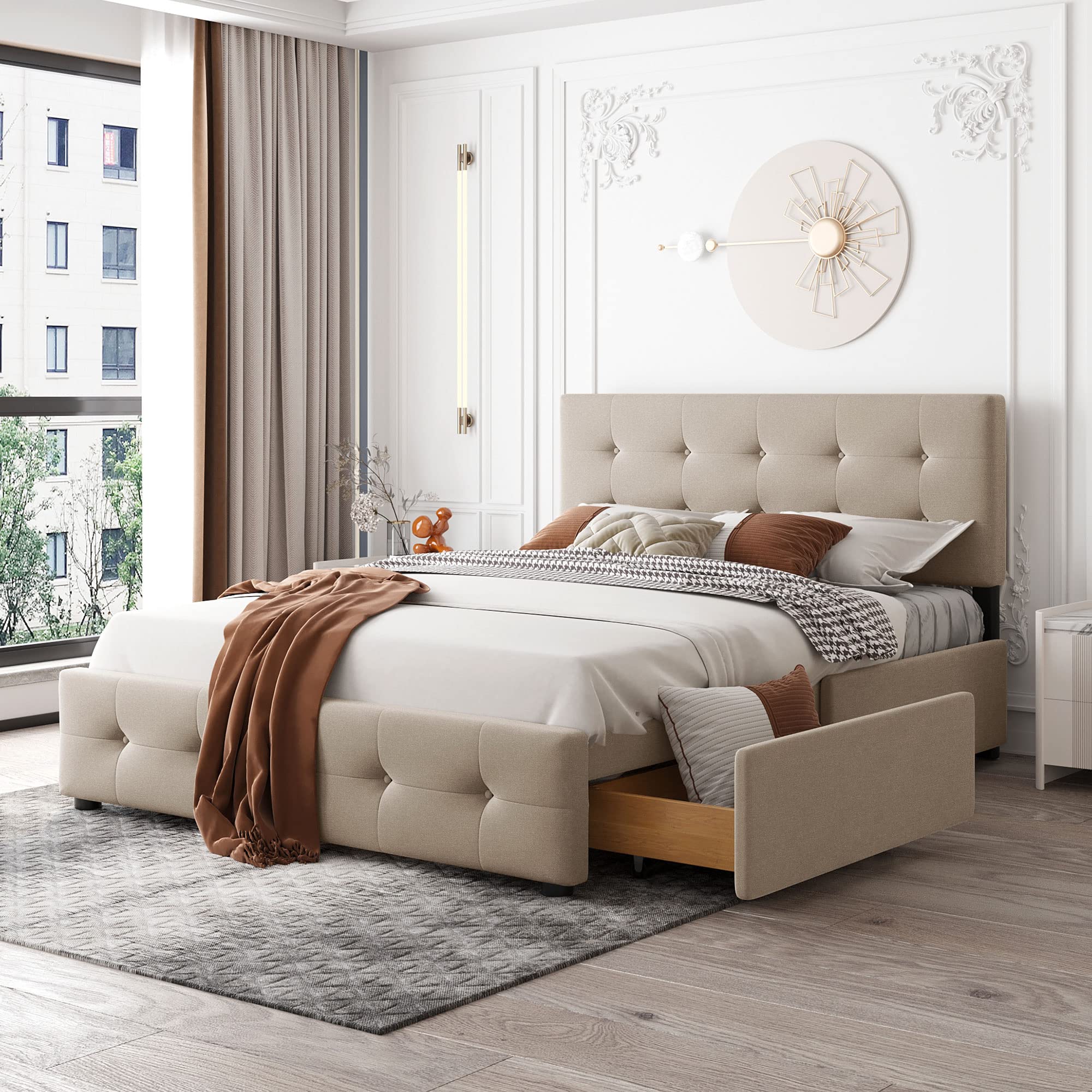 AOCOROE Queen Size Bed Frame with Headboard & Storage - Linen Upholstered Tufted Platform Bed with 4 Drawers & Slats, No Box Spring Needed | Perfect for Small Bedrooms, Guest Rooms & Space-Saving Solutions