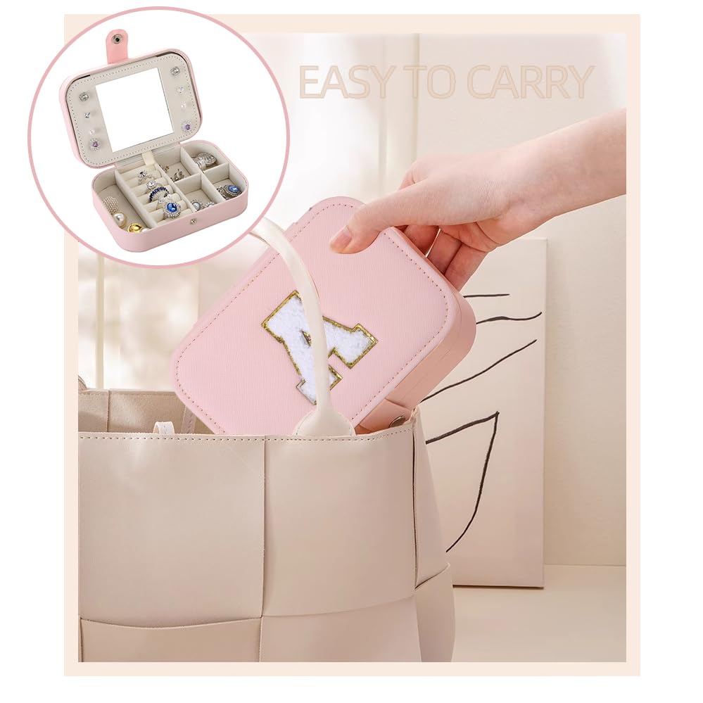 Initial C Jewelry Box Organizer - Pink PU Leather Travel Jewelry Case with Mirror, Personalized Jewelry Storage for Women & Girls | Perfect Birthday Gift, Travel Accessory & Home Decor