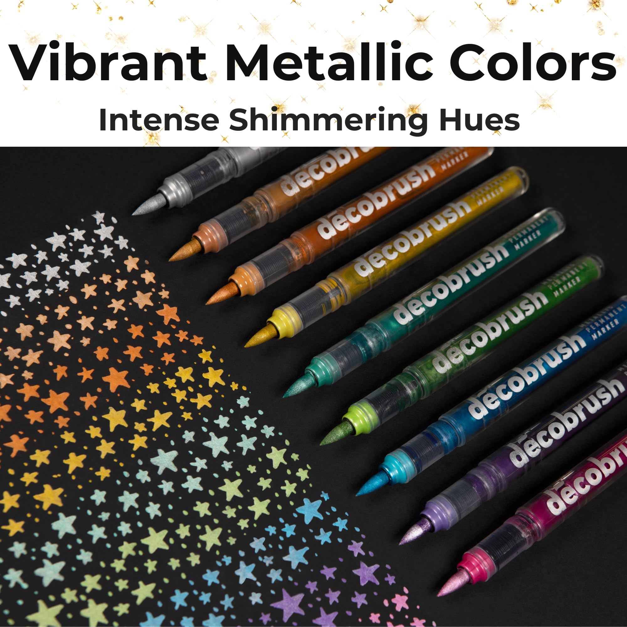 Premium Karin DecoBrush Metallic Markers Set - 10 Vibrant Permanent Paint Pens for Black Paper, Scrapbooking & DIY Crafts (Gold, Silver & More) in Metal Storage Box - Perfect for Calligraphy, Card Making & Art Projects