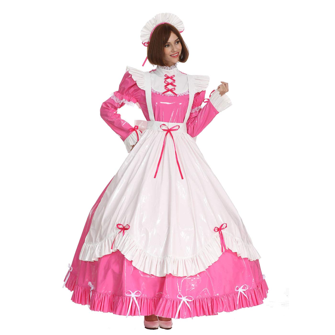 Sexy French Maid Costume for Women - Gothic Lace Bow & PVC Lockable Dress, Long or Short Sleeves | Halloween Cosplay, Bachelorette Party, Role Play Outfit