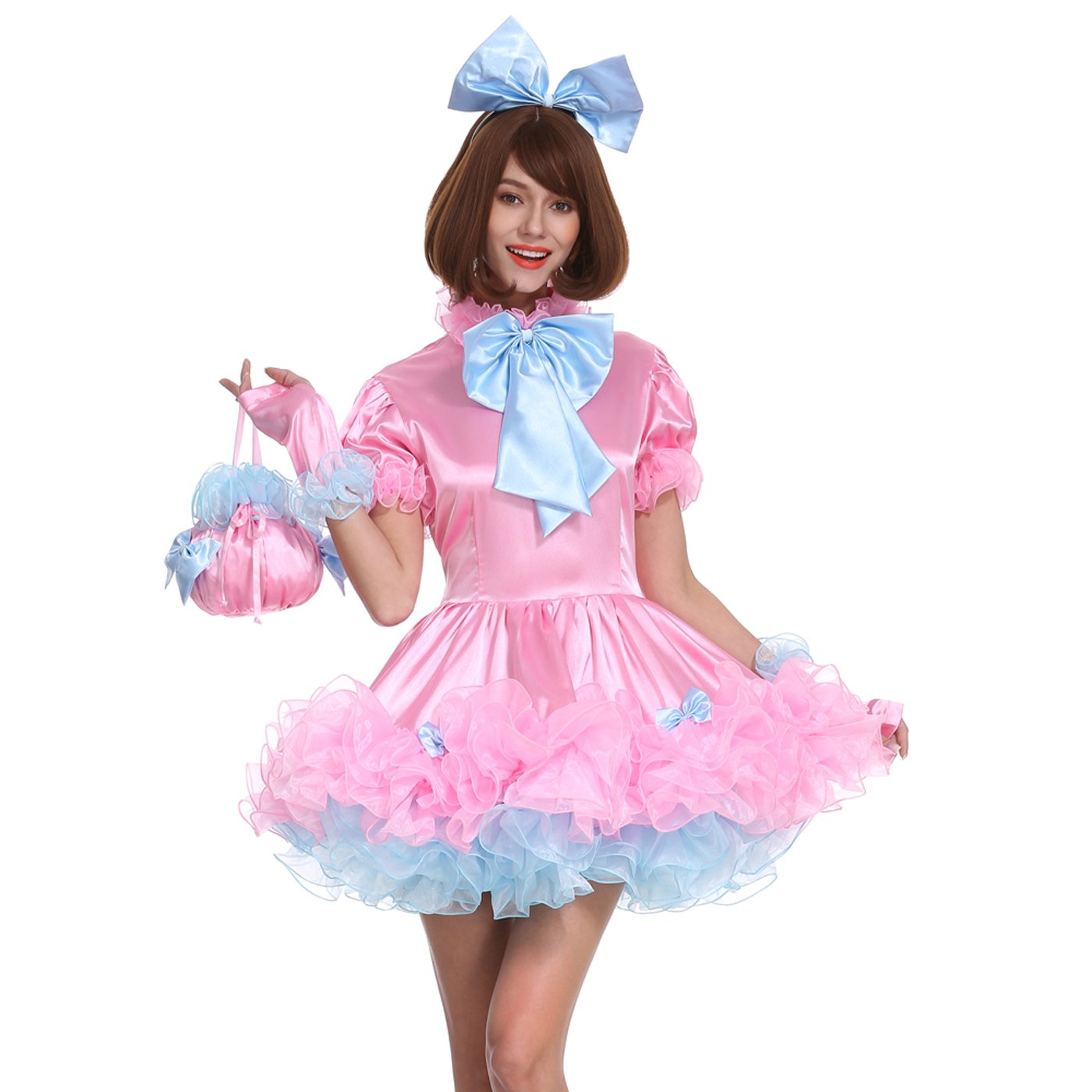 Lockable Pink Puffy Maid Dress for Women - Crossdress Uniform for Cosplay, Halloween & Role Play