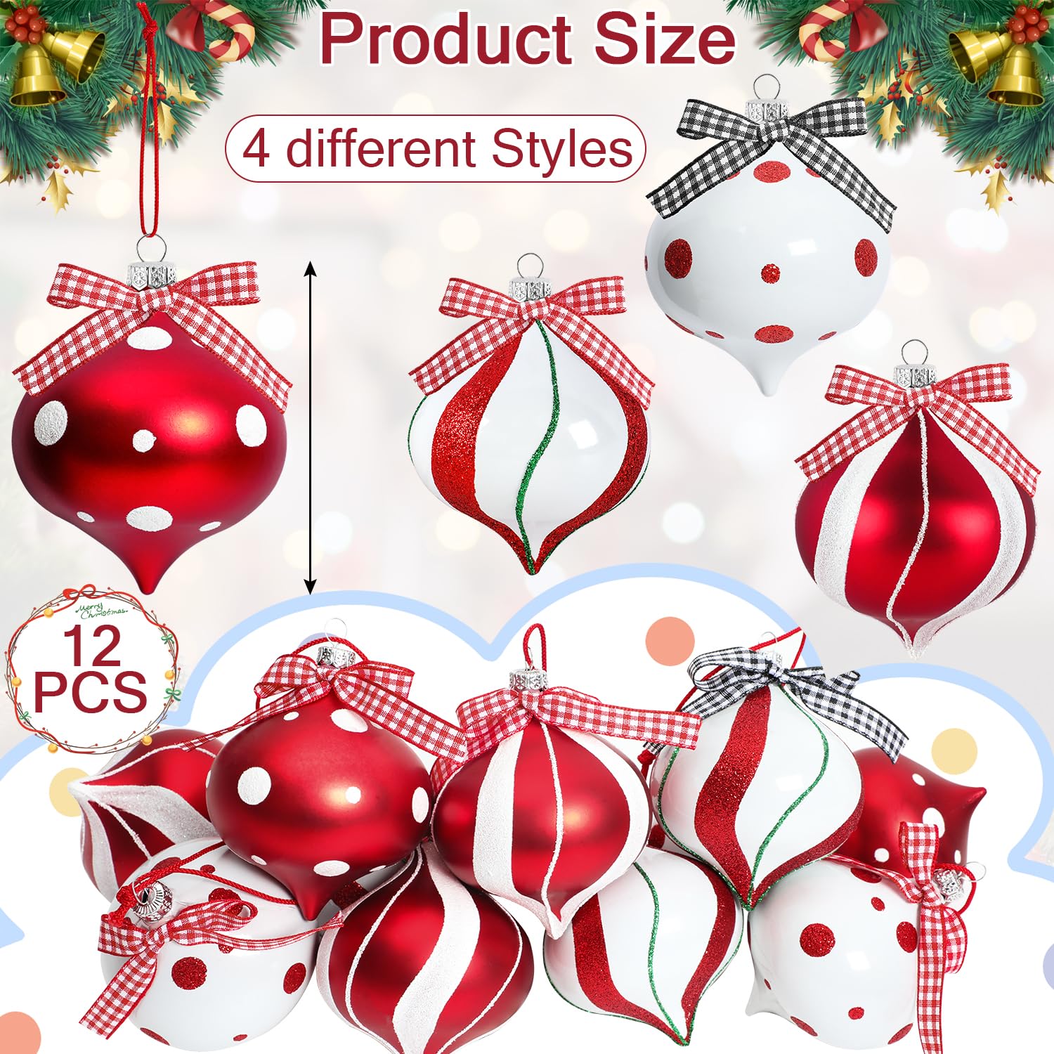 12 Pcs Peppermint Candy Ornament Set - 3.5 x 2.7 Inch Christmas Tree Decorations, Candy Cane Balls for Holiday Party, Home & Xmas Tree Decor - Perfect for Christmas Gifts, Stocking Stuffers & Festive Decor