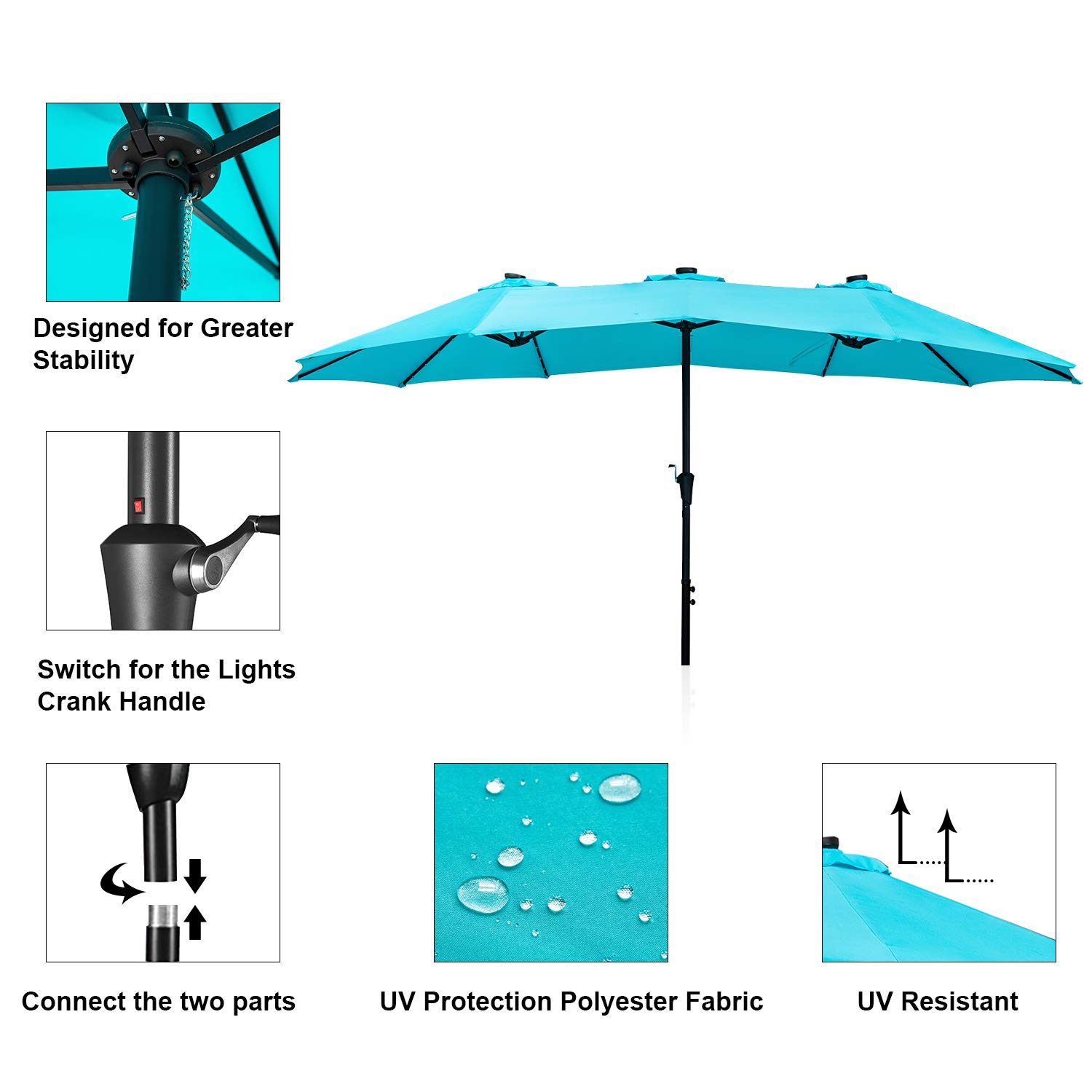 GDY 15Ft Solar Powered Patio Umbrella with 48 LED Lights - Double-Sided Outdoor Market Umbrella for Table, Aluminum Pole & Base Included (Blue) - Perfect for Backyard, Garden, Poolside & Outdoor Dining Areas