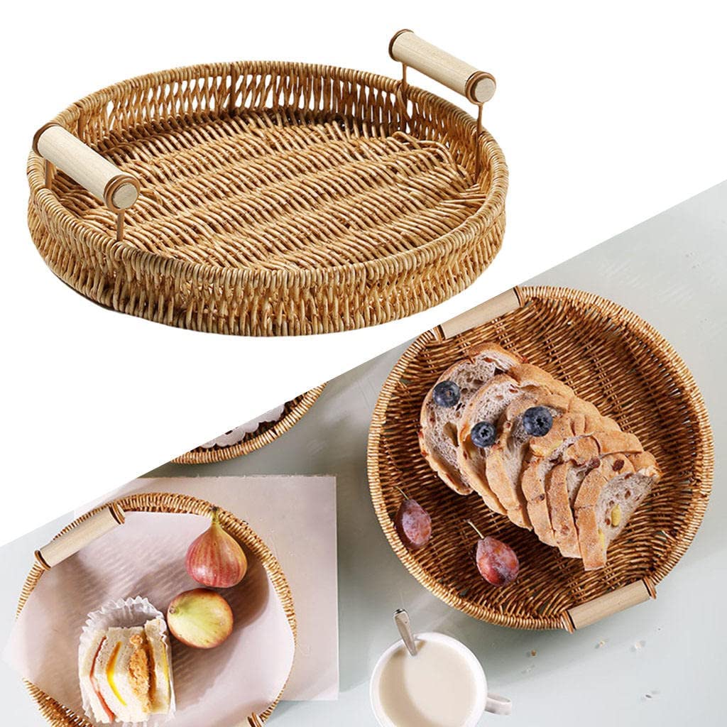 Hand-Woven Wicker Rattan Serving Tray with Handles - 24cm Round Storage Basket for Bread, Fruits, Snacks & Breakfast - Perfect for Kitchen Organization, Dining Table Decor & Picnic Serving