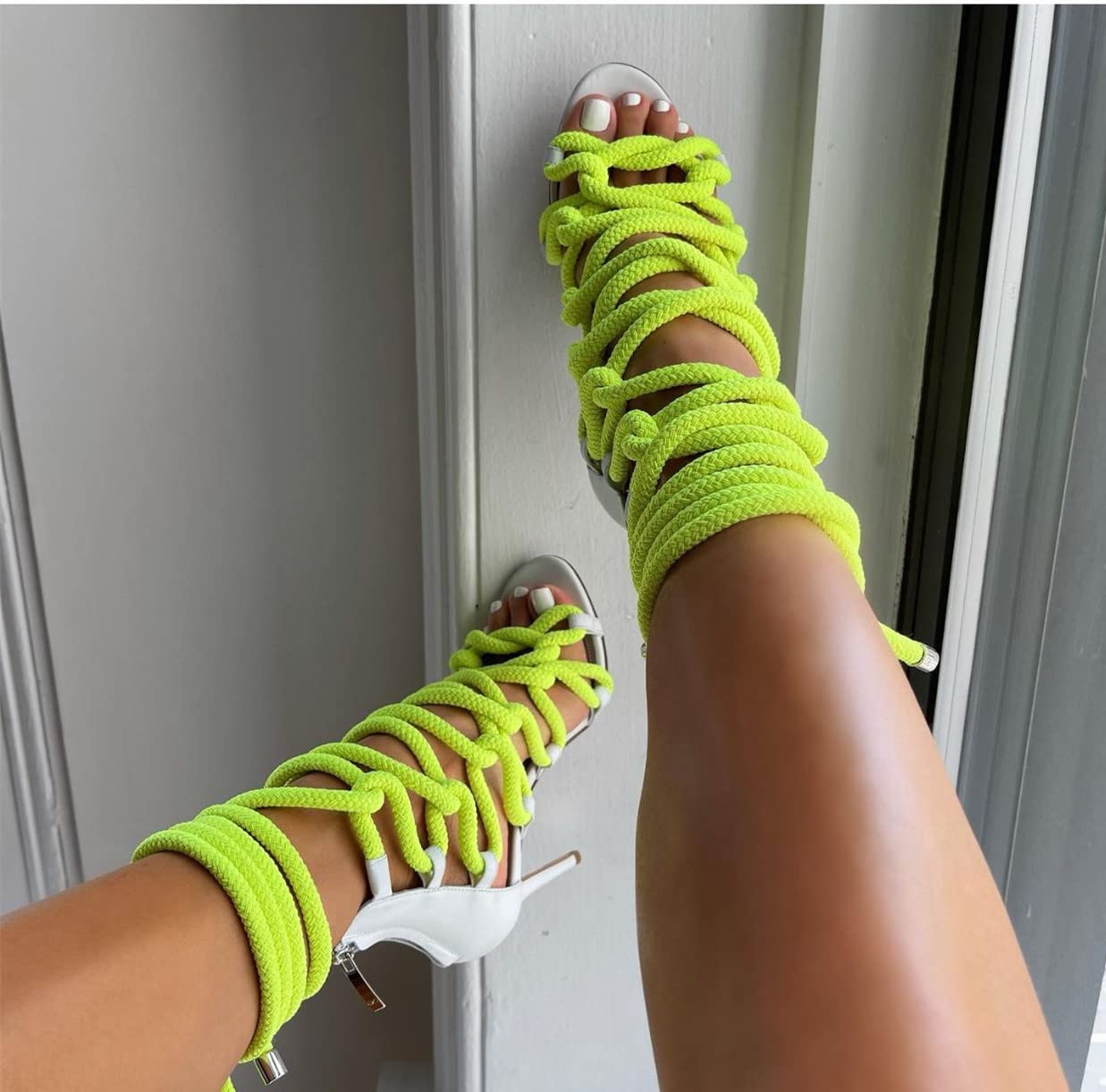 Women's Neon Green Rope Heeled Sandals - Strappy Stiletto High Heels with Lace Up Open Toe & Criss Cross Gladiator Design - Perfect for Summer Parties, Beach Weddings and Night Out