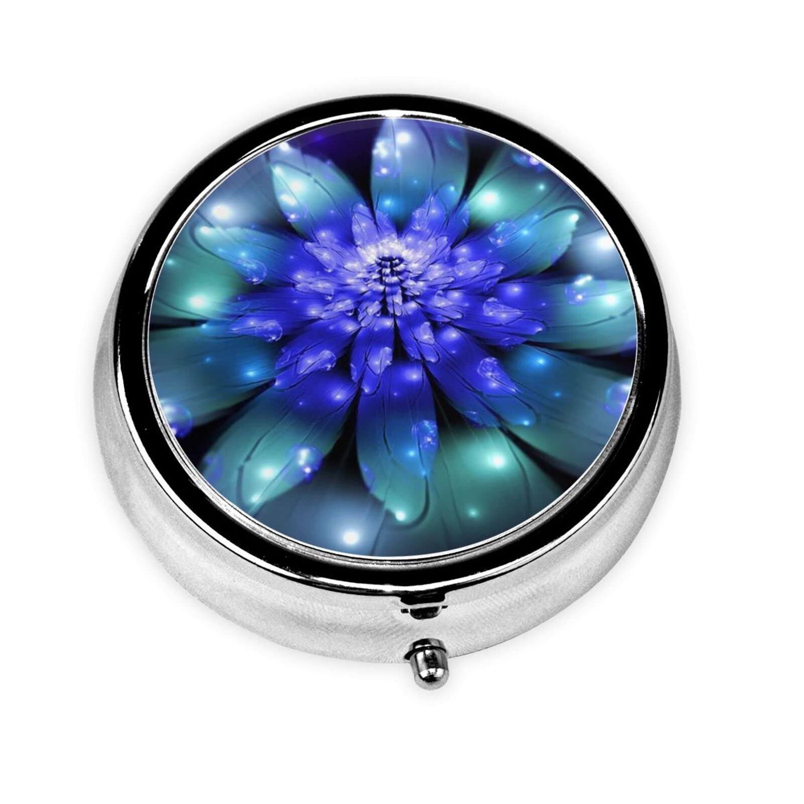 Fantasy Blue Flower Print Round Pill Box - 3 Compartment Mini Pill Case for Travel, Daily Medication & Vitamins Storage (Small Portable Pill Organizer)