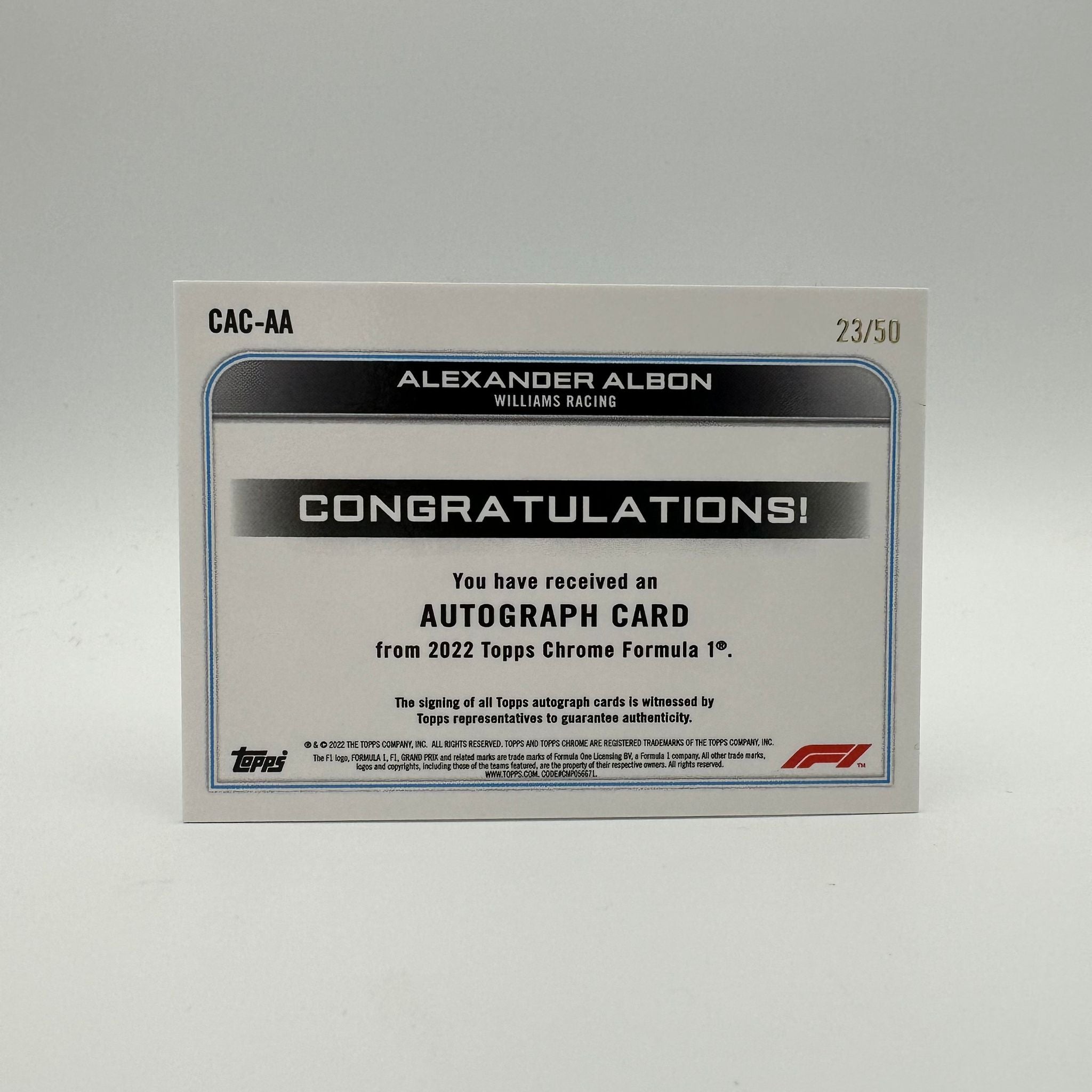 Alexander Albon 23/50 CAC AA Gold Autograph Card - Rare Collectible for F1 Racing Fans & Memorabilia Enthusiasts - Perfect for Display, Trading, and Investment