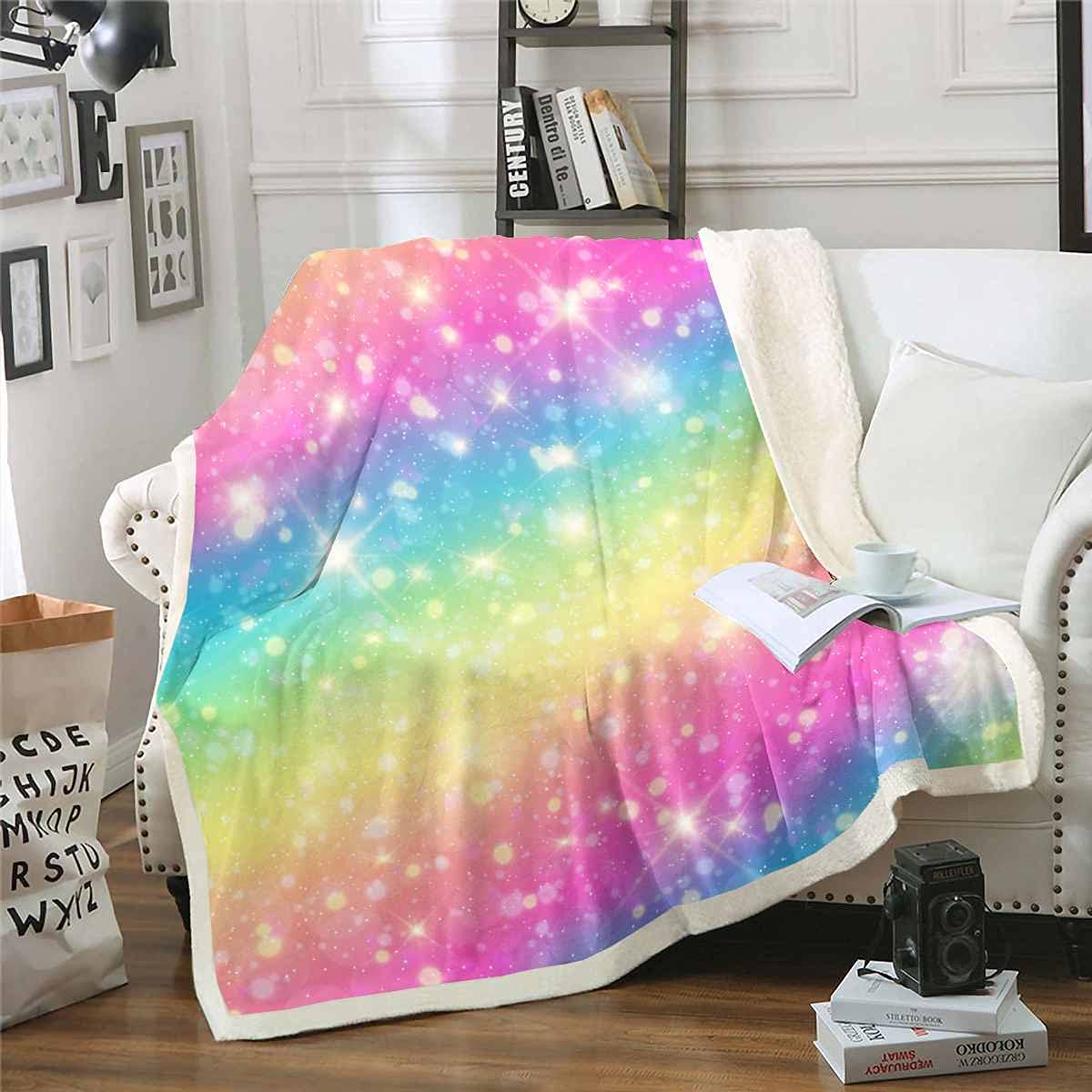 Feelyou Glitter Throw Blanket for Girls - Rainbow Plush Sherpa Blanket with Colorful Galaxy & Starry Sky Design - Soft Fuzzy Blanket for Bed, Sofa, Couch - Perfect for Cozy Nights, Movie Time & Home Decor