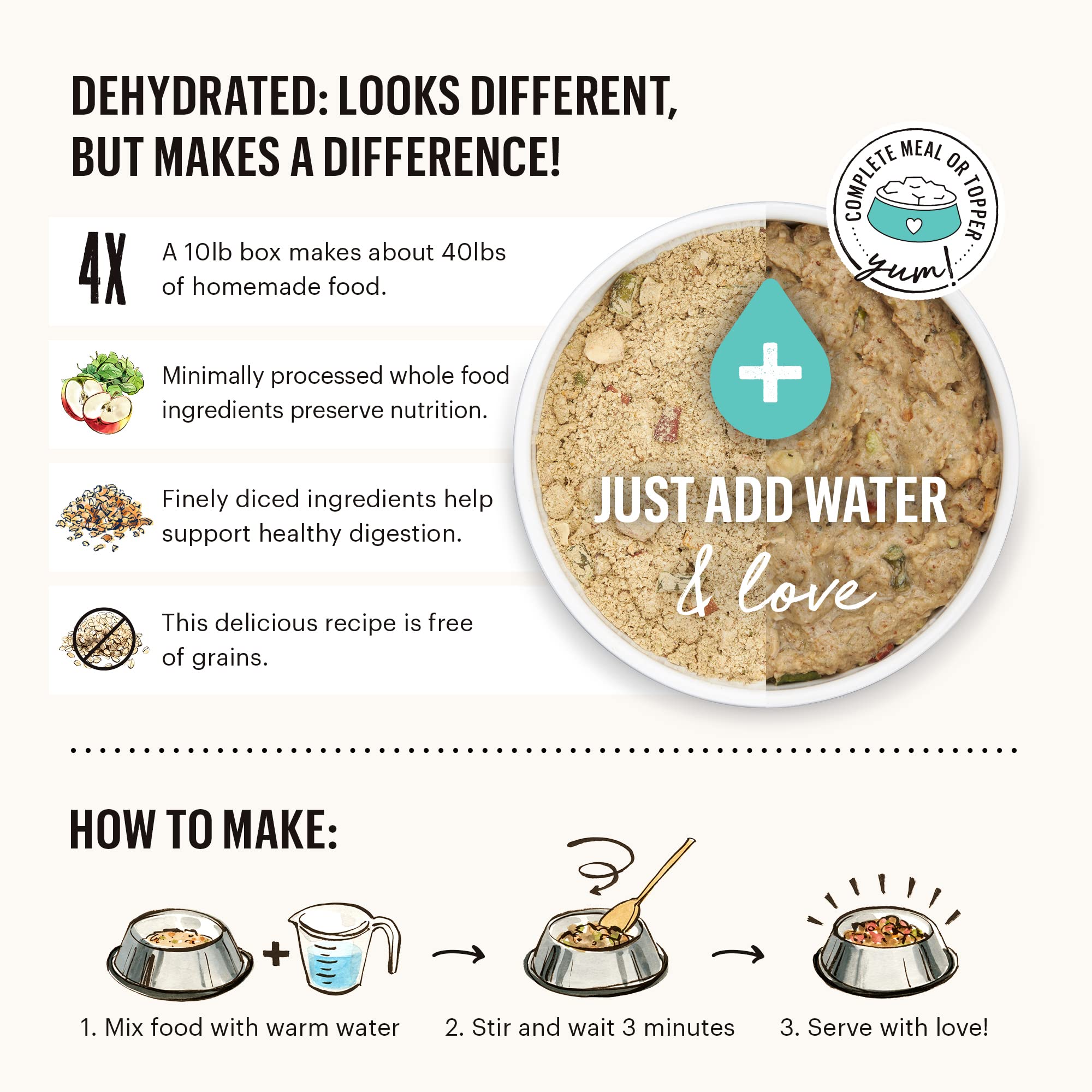 The Honest Kitchen Human Grade Dehydrated Grain Free Dog Food - Beef Recipe 10 lb (Makes 40 lbs) | Complete Meal & Food Topper for Dogs | Perfect for Travel, Camping & Daily Feeding