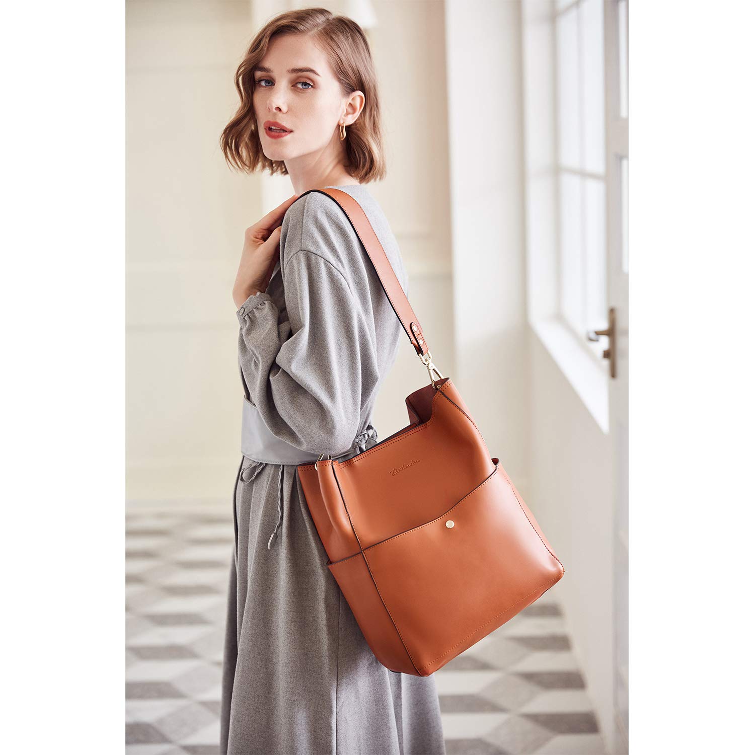 BOSTANTEN Women's Leather Designer Handbag - Stylish Tote Purse & Shoulder Bucket Bag for Work, Travel & Everyday Use