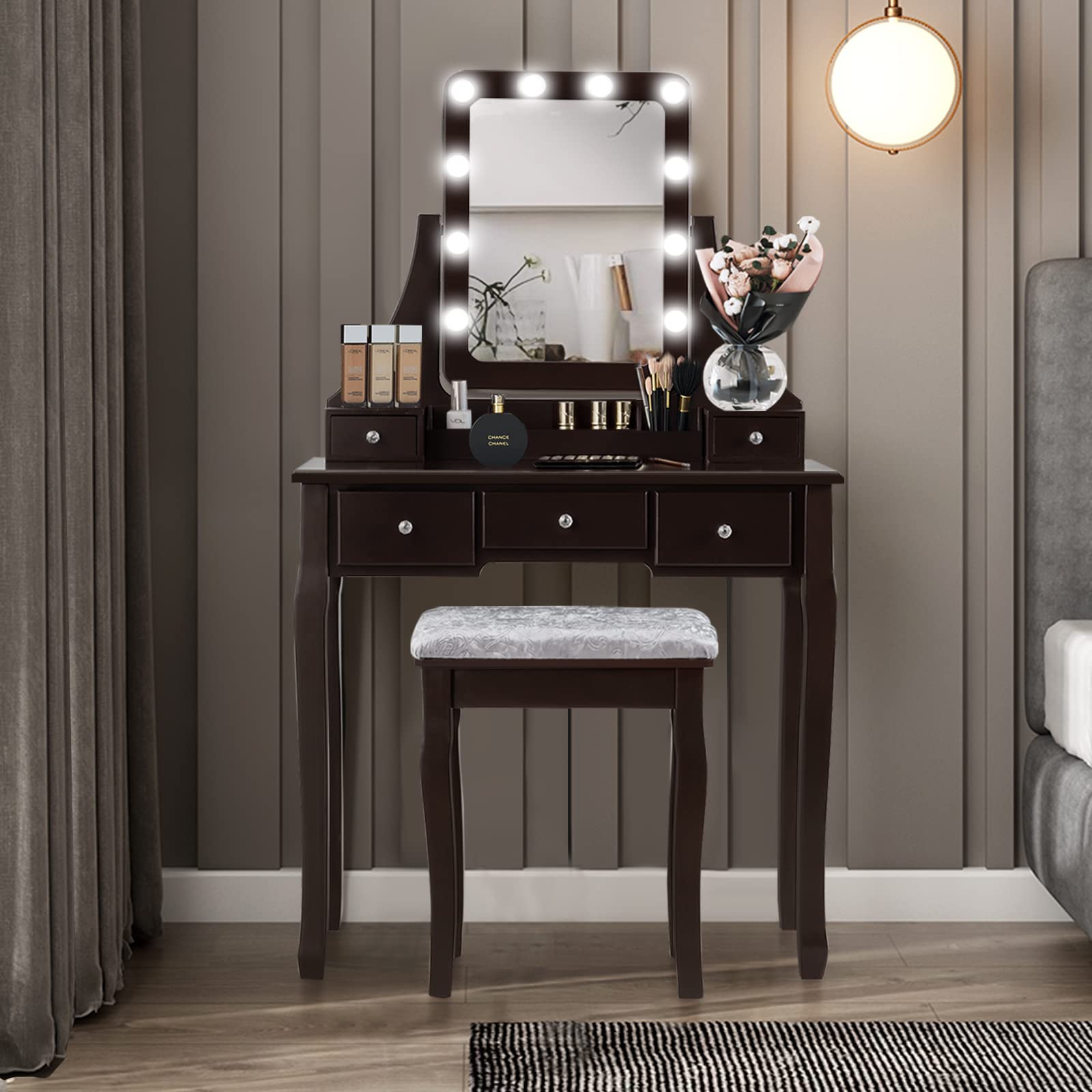 CHARMAID LED Vanity Makeup Desk Set with Lighted Mirror & Stool - 10 Dimmable Bulbs, 5 Drawers, 2 Dividers, 3 Organizers - Espresso Bedroom Dressing Table for Women & Teens | Perfect for Makeup, Skincare & Jewelry Organization