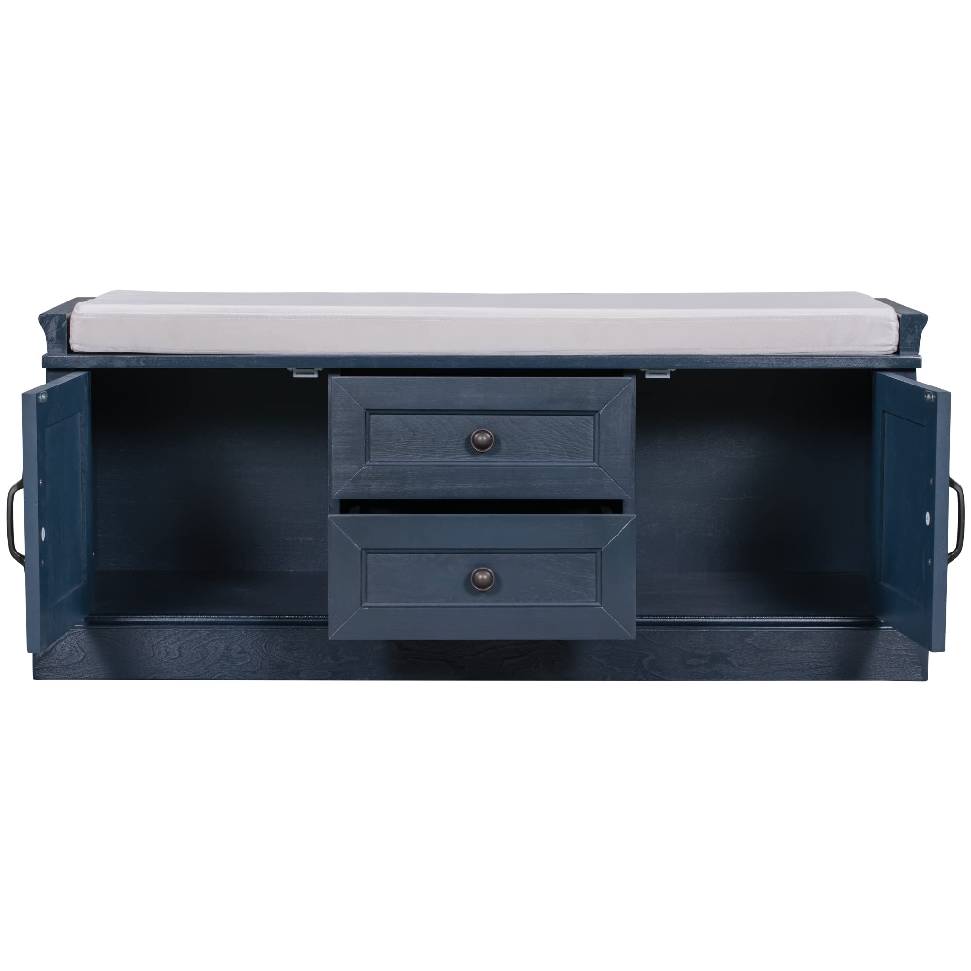 Rustic Wooden Storage Bench with 2 Cabinets & 2 Drawers - Entryway Shoe Bench with Removable Cushion - Antique Navy Organizer for Bedroom, Hallway, Living Room - Perfect for Small Space Storage & Entryway Seating