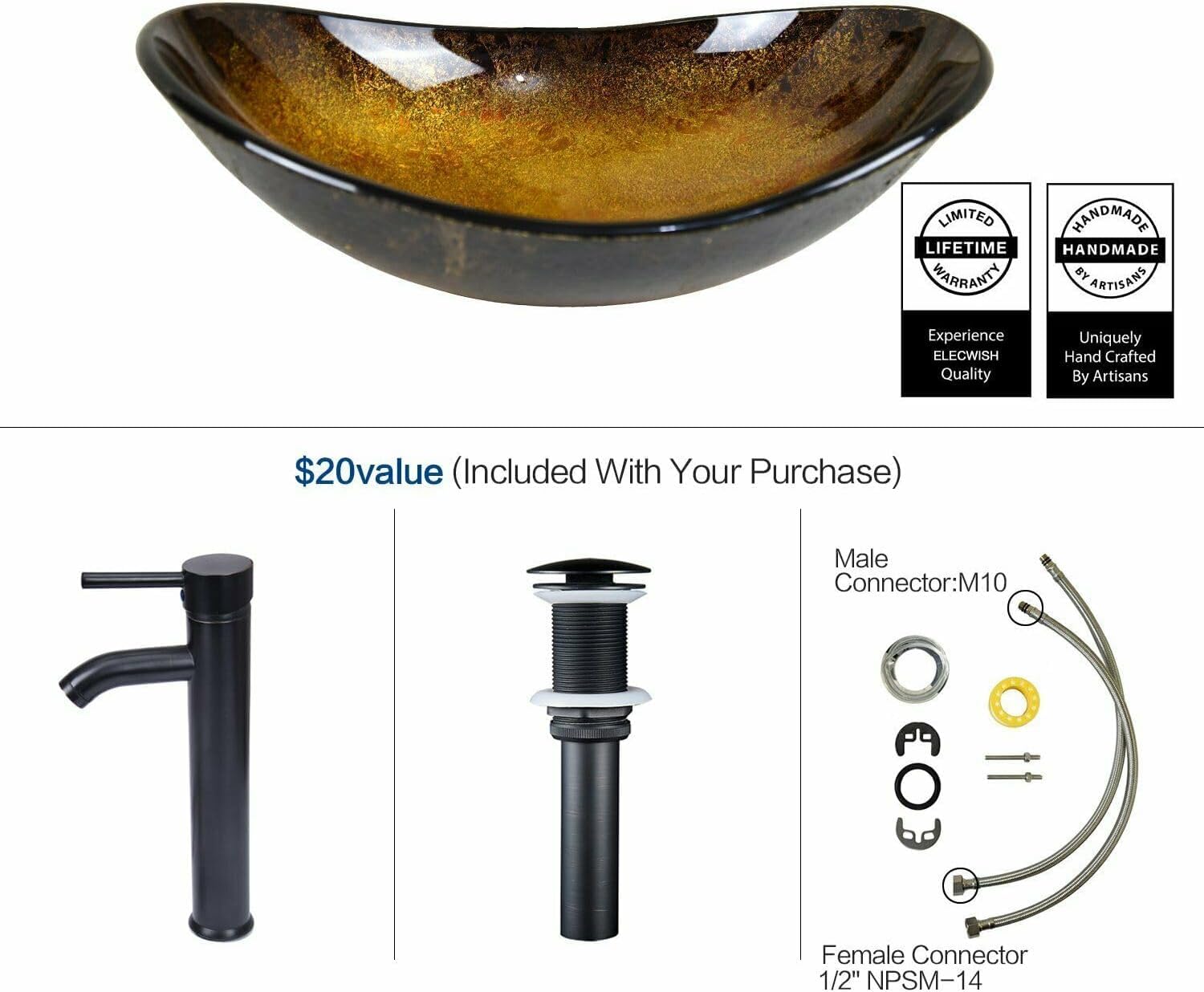 YOURLITE Boat-Shaped Artistic Glass Vessel Sink with Oil-Rubbed Bronze Faucet & Pop-Up Drain - Modern Bathroom Vanity Sink for Luxury Homes & Spa Retreats