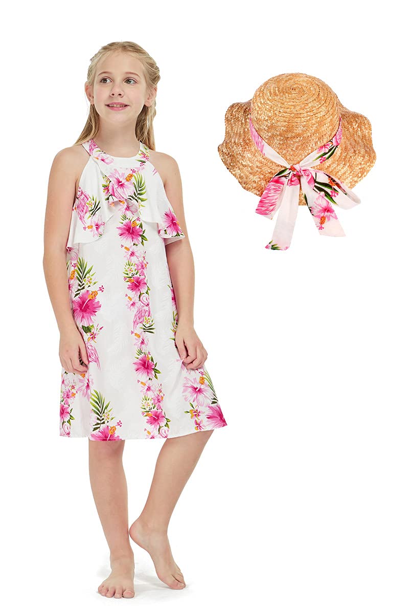 Hawaiian Girls' Pink Hibiscus Vine Ruffle Dress - Round Neck Summer Floral Dress for Beach Vacation, Luau Party & Tropical Outfits