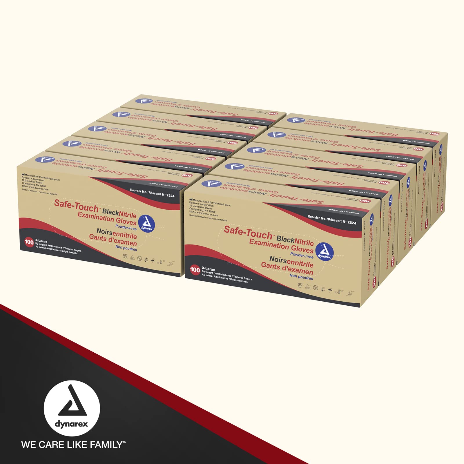 Dynarex Safe-Touch Black Disposable Nitrile Exam Gloves - Powder-Free, Extra Large (XL) - 1 Case (10 Boxes x 100 Gloves) - Medical Grade, Latex-Free - Ideal for Healthcare, Dental, Food Service & Industrial Use