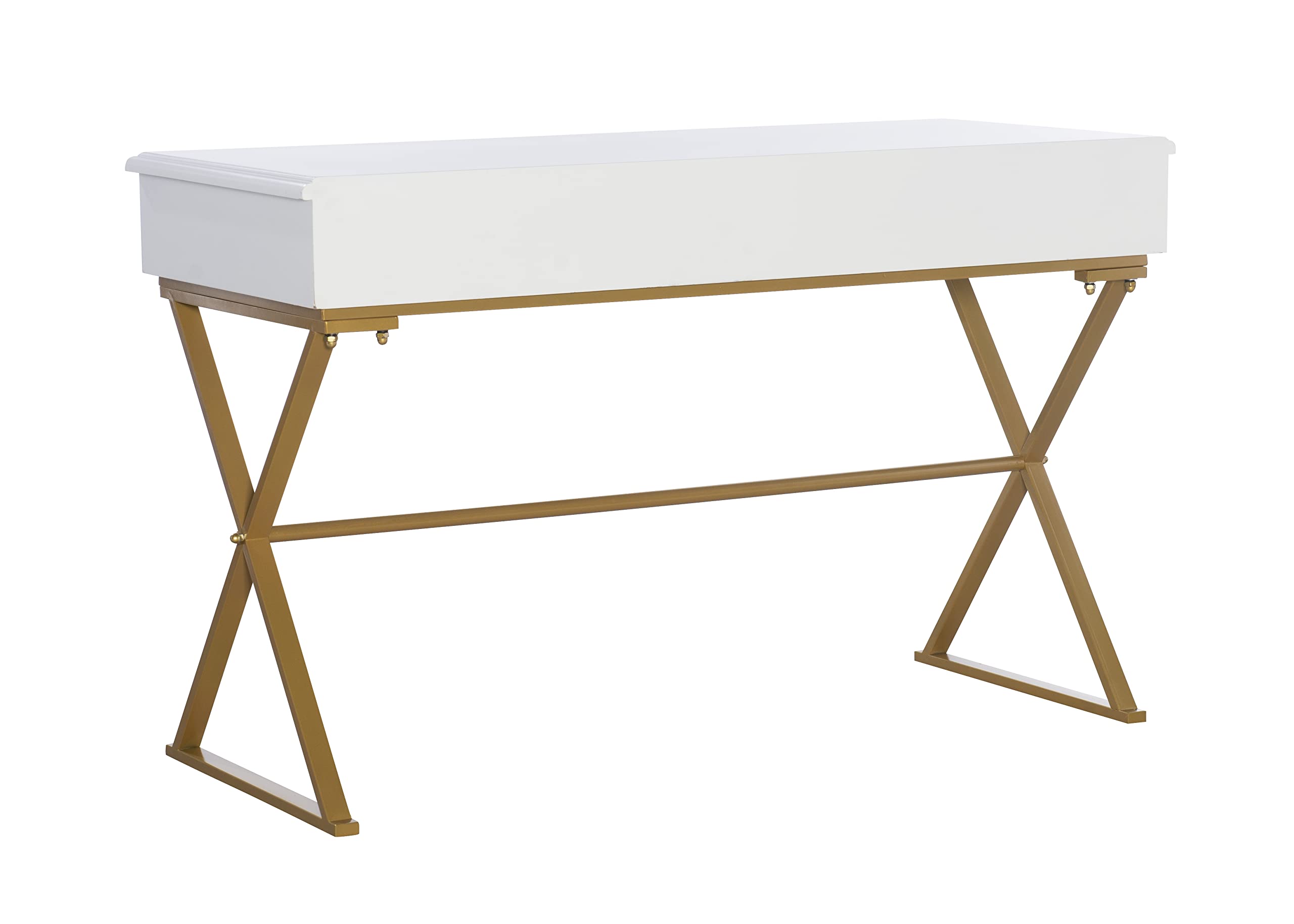 Linon Harli White Two-Drawer Campaign Desk - Compact Home Office Writing Table with Storage | Perfect for Small Spaces, Dorm Rooms & Workstations