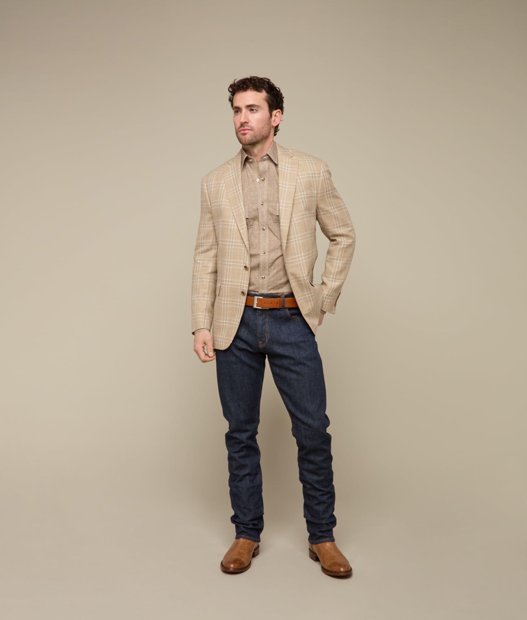 Lucchese Men's Beige & Light Blue Plaid Sport Coat - Classic Casual Blazer for Business, Office & Outdoor Events