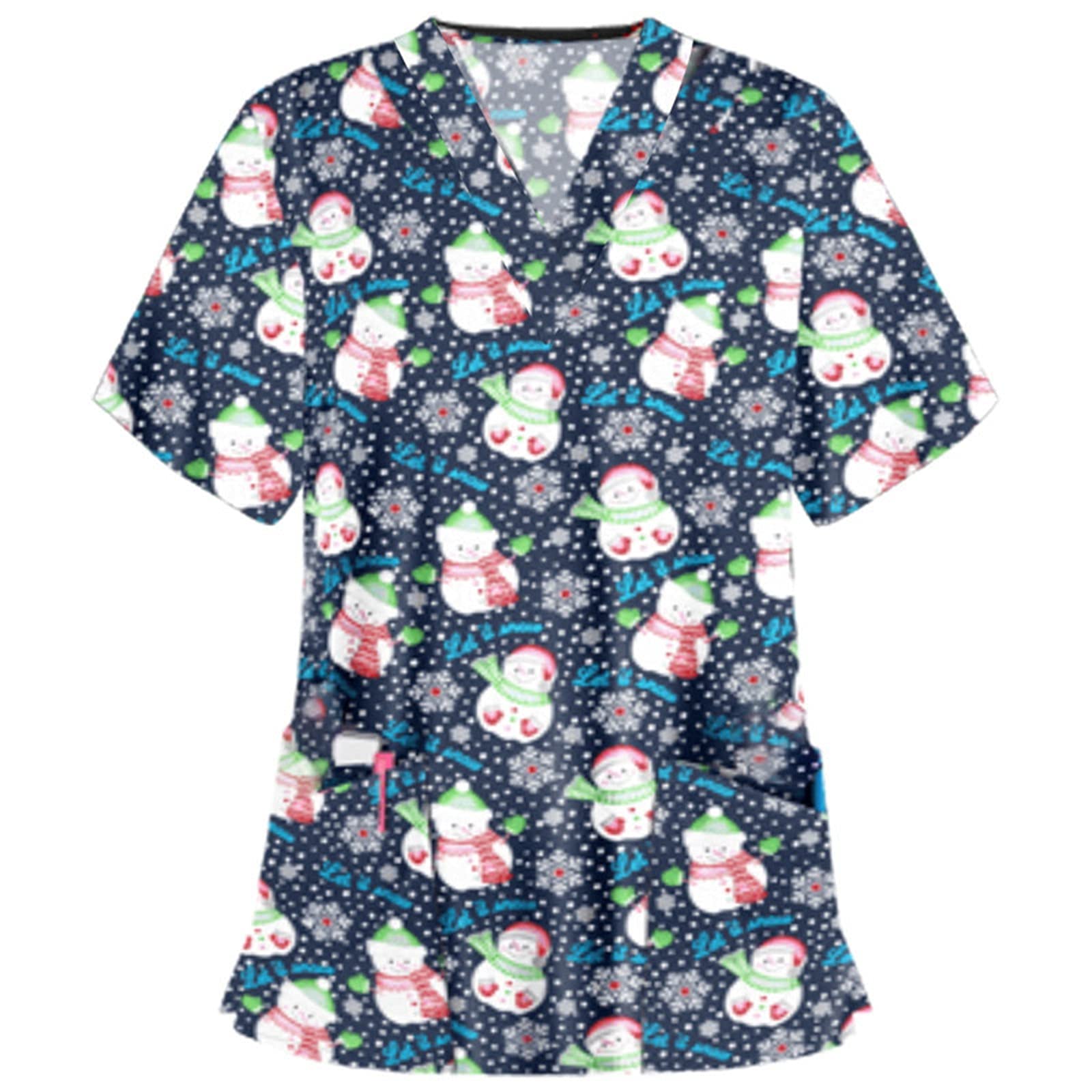 NBXNZWF Women's Christmas Scrub Tops - Stretch Medical Workwear with Snowman Print, V-Neck Nursing Uniform (Plus Size Available) | Holiday Hospital Attire for Nurses, Doctors & Healthcare Workers
