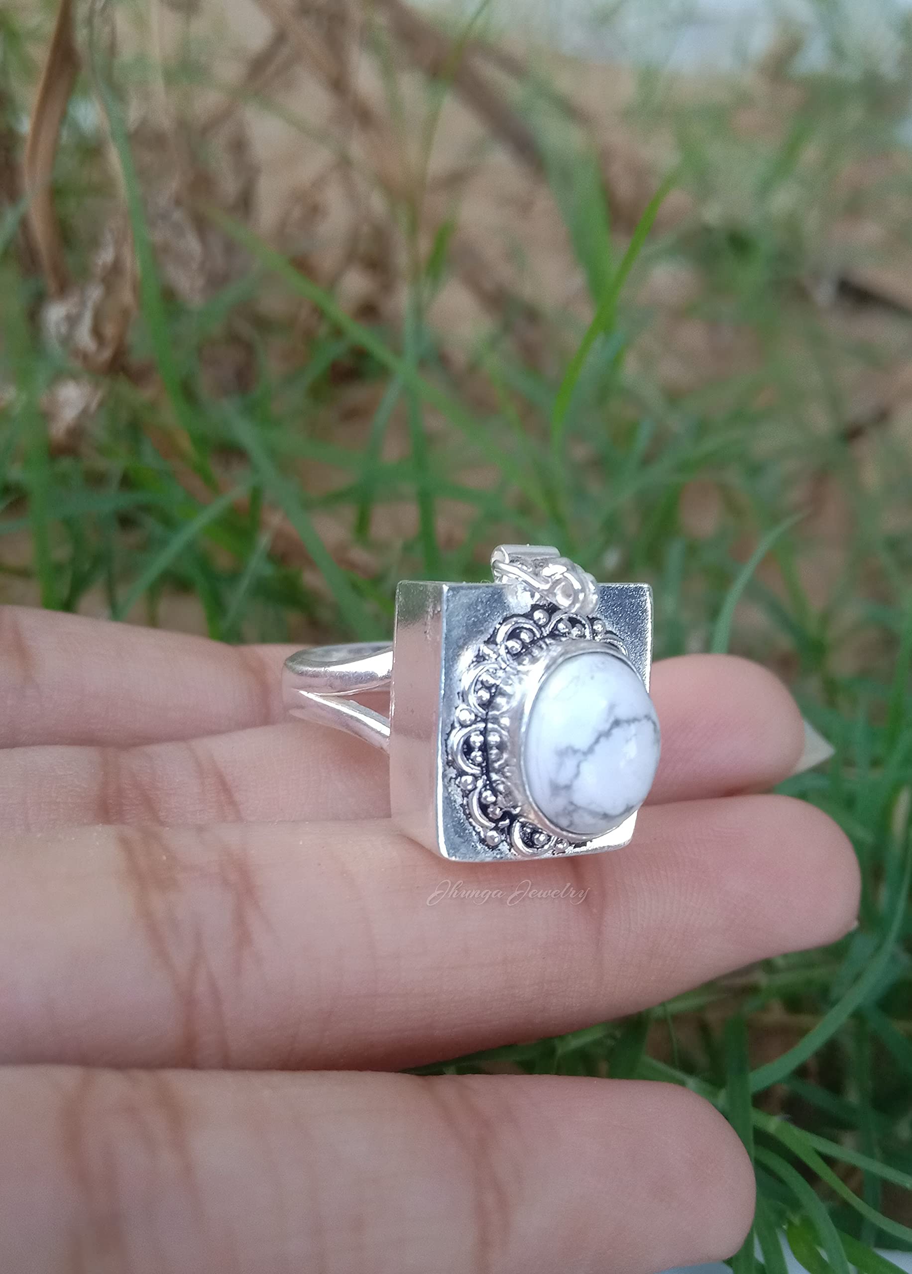 White Howlite Poison Ring - Handmade 925 Sterling Silver Secret Box Ring with Openable Compartment | Perfect for Medicine, Pills, or Keepsakes | Unique Gothic Jewelry for Cosplay, Halloween, and Alternative Fashion