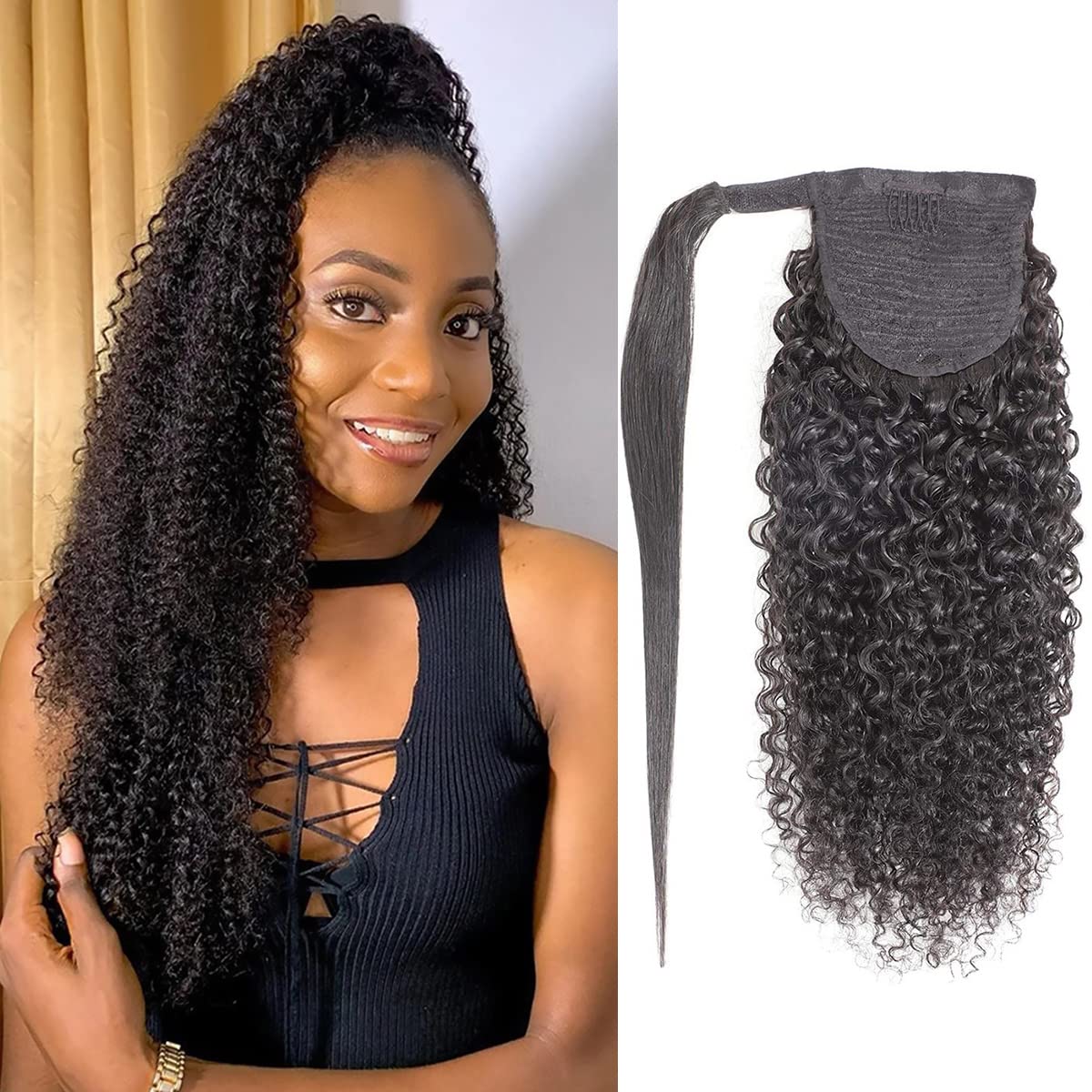 100% Unprocessed Brazilian Curly Human Hair Ponytail Extensions with Magic Paste & Comb Clip - 28