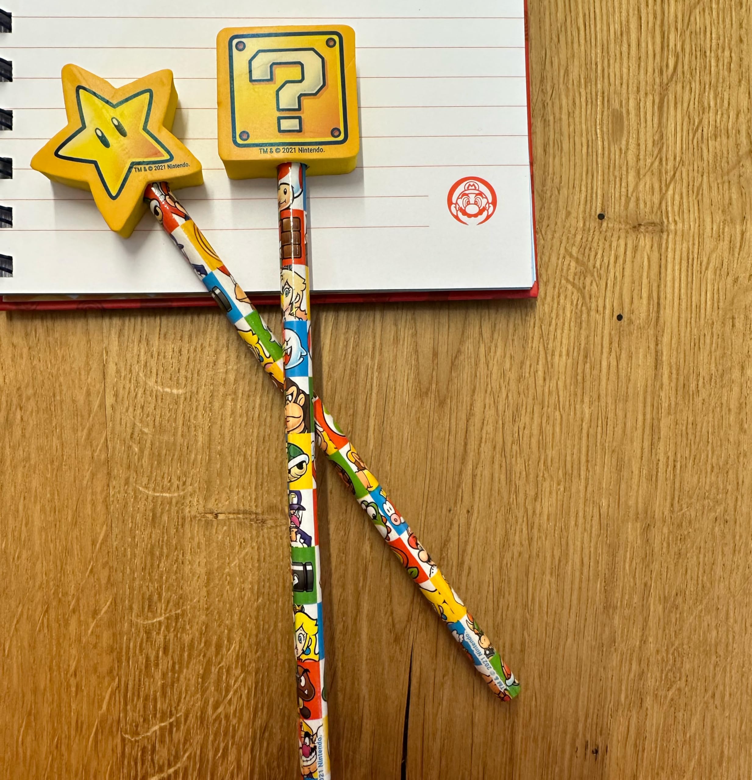 Super Mario Official Merchandise - Set of 2 Drawing Pencils with Character Toppers (Color Block Design) & Erasers | Sketching Pencils for Kids & Artists | Perfect for School, Art Class & Gift Giving