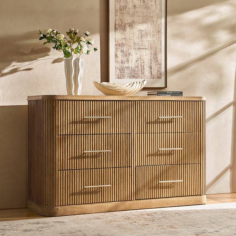 Modern Fluted Solid Wood Dresser with 6 Drawers - Oak Texture Bedroom Furniture for Master Bedroom, Guest Room & Nursery Storage