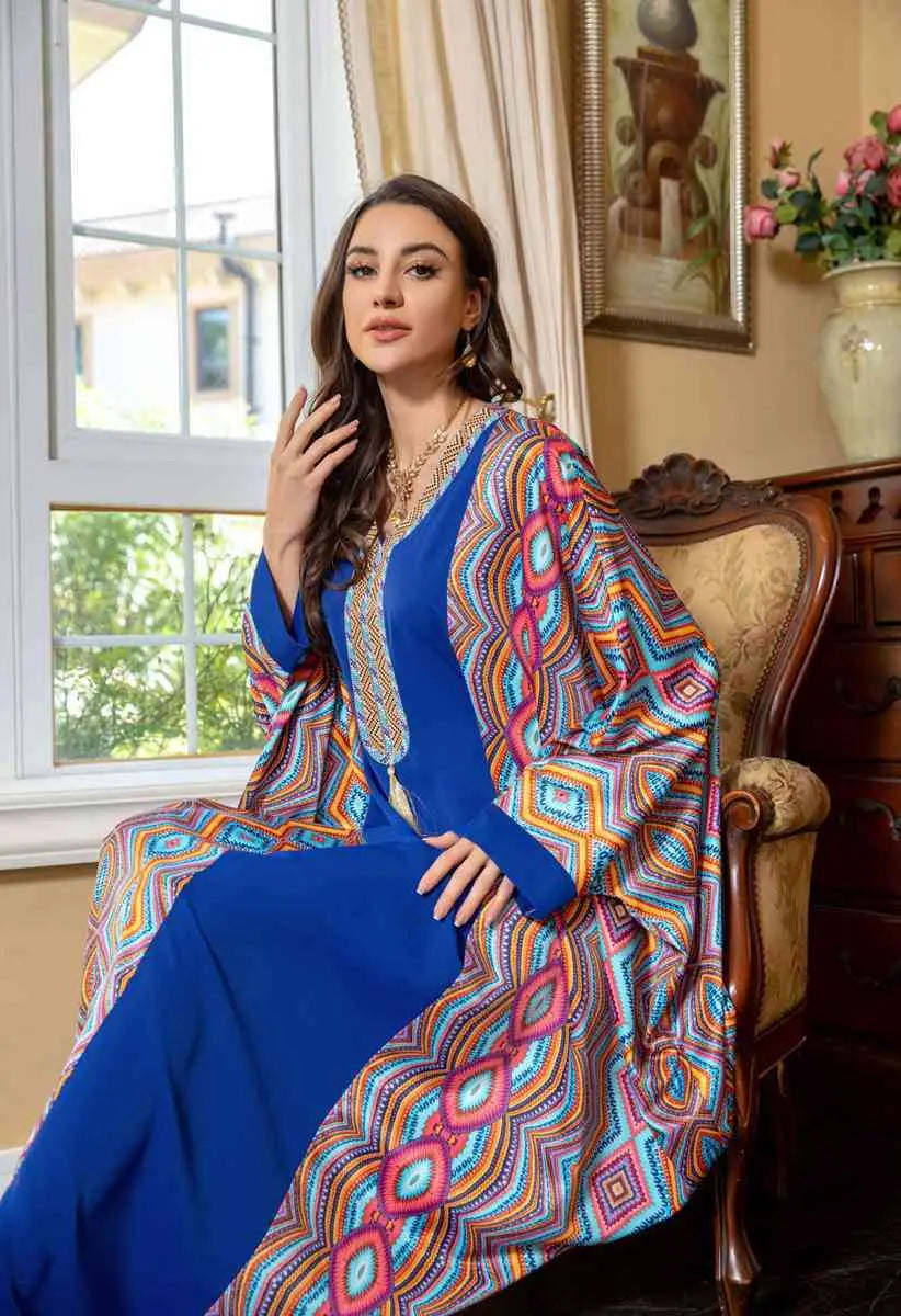 Elegant Eid Dress with Batwing Sleeves & Rhinestone Embellishments - Farasha Caftan Kaftan Jalabiya Dress for Women | Perfect for Eid Celebrations, Weddings & Special Occasions