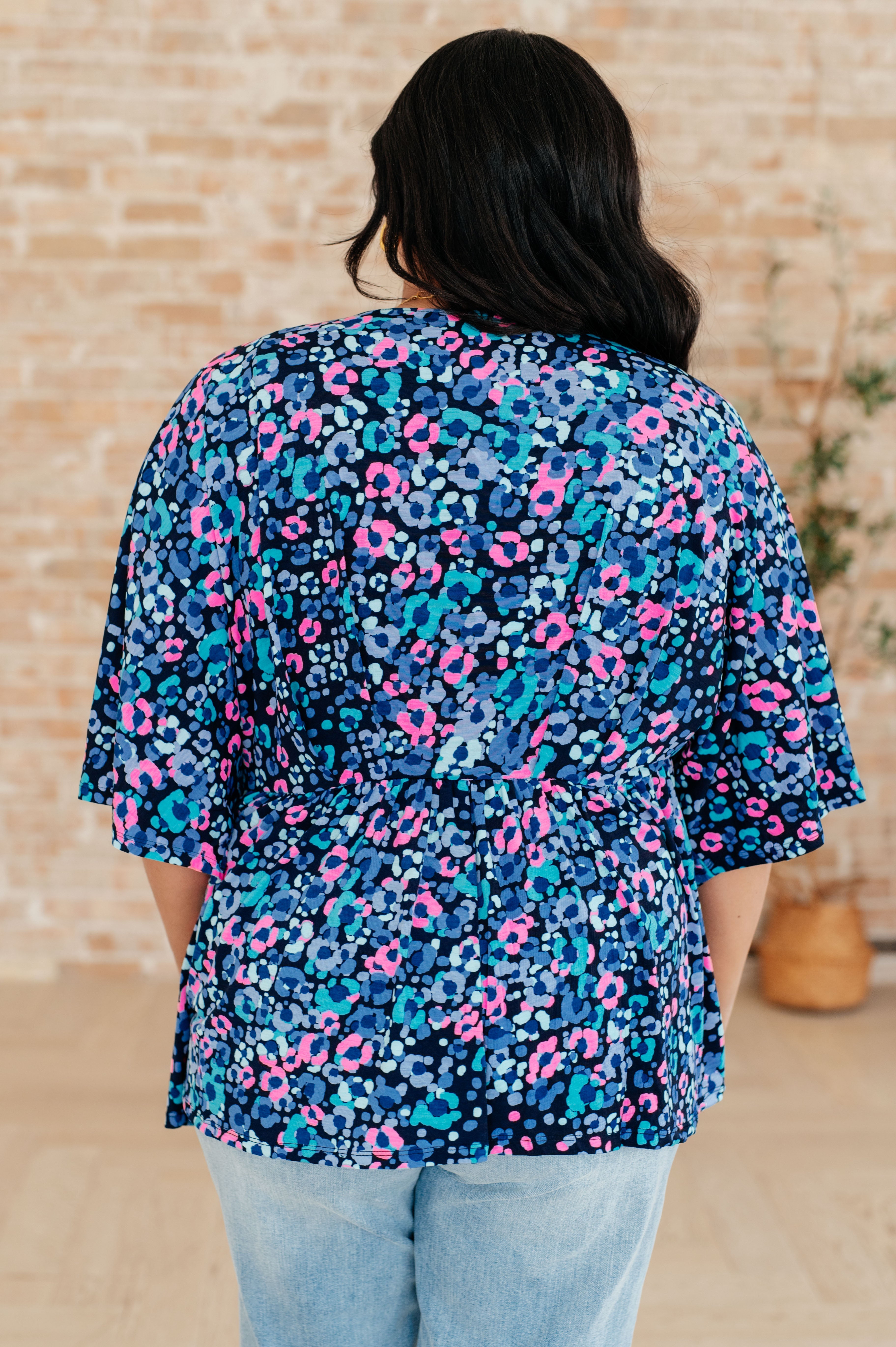 Dear Scarlett Navy & Lavender Animal Print Peplum Top for Women - Stylish Blouse for Party, Date Night & Casual Outfits