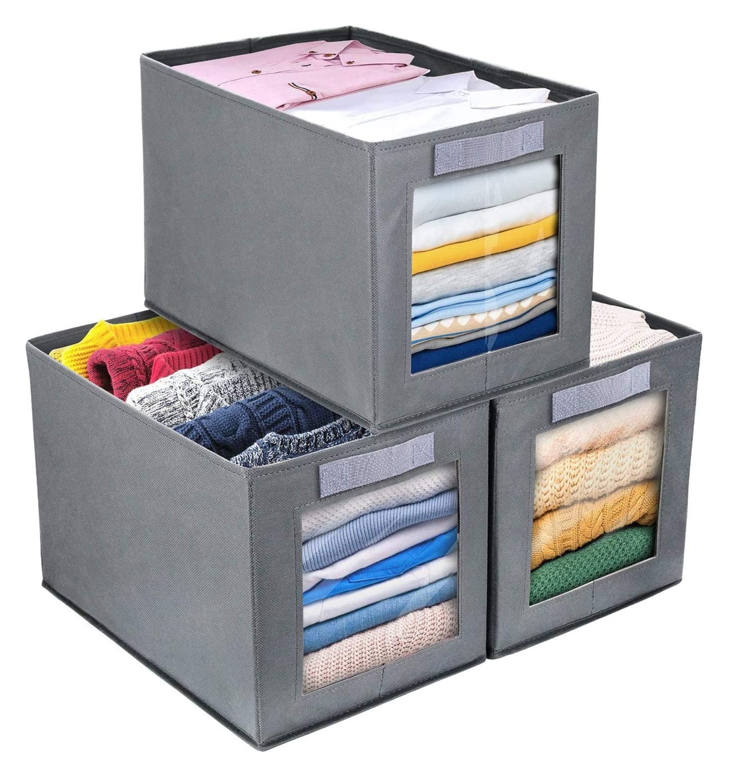 HAOKTSB Foldable Storage Box with Transparent Window - Fabric Collapsible Storage Bin Basket with Handle for Wardrobe, Closet & Shelves Organizer - Perfect for Home, Office & Travel Storage Solutions