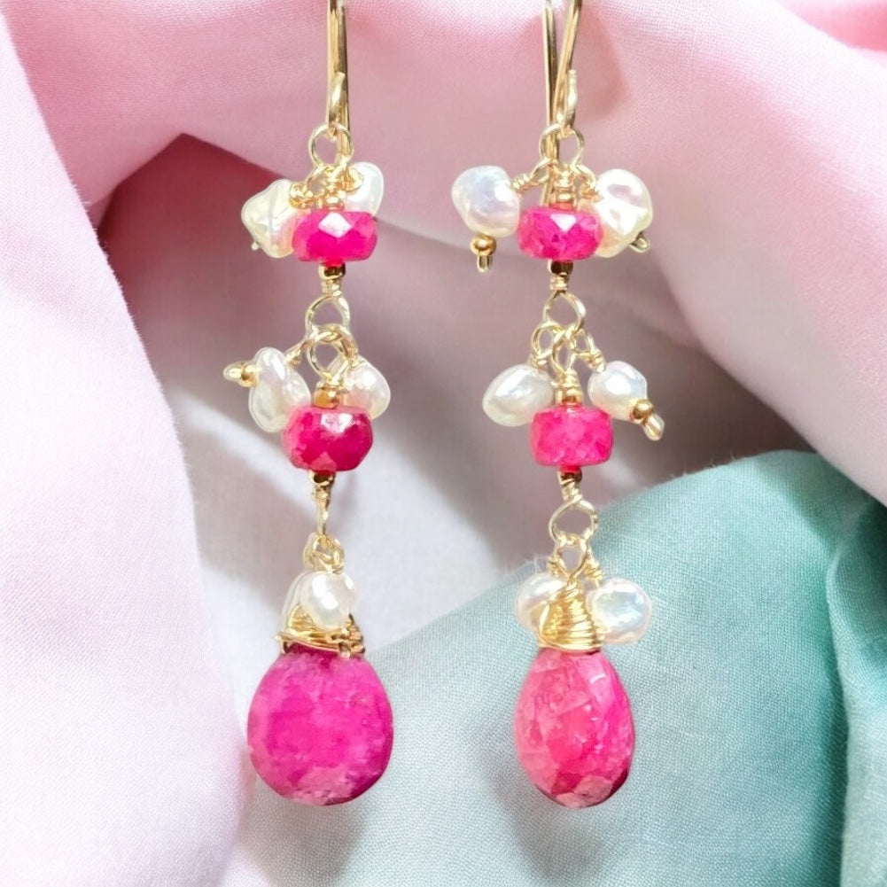 Gold Filled Ruby Dangle Earrings with Pearls - Elegant Jewelry for Women, Perfect for Parties, Weddings & Special Occasions