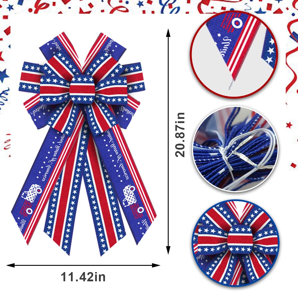 Large 4th of July Wreath Bows - Patriotic Blue Burlap Bows for Front Door Decor, American Star Tree Topper Bows - Perfect for Memorial Day, Independence Day & Home Decorations