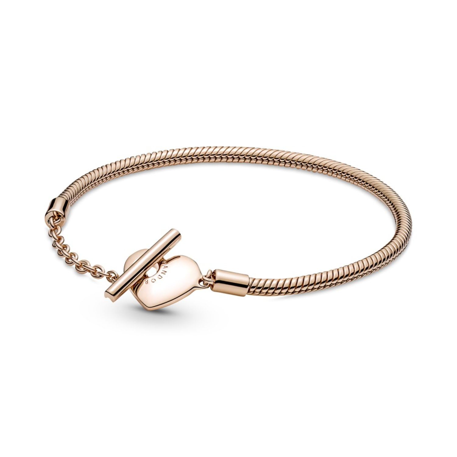 PANDORA Moments Heart T-Bar Snake Chain Charm Bracelet for Women - Rose Gold-Plated 6.3 Inch Adjustable Bracelet - Perfect for Valentine's Day, Anniversary & Everyday Wear (589285C00-19)