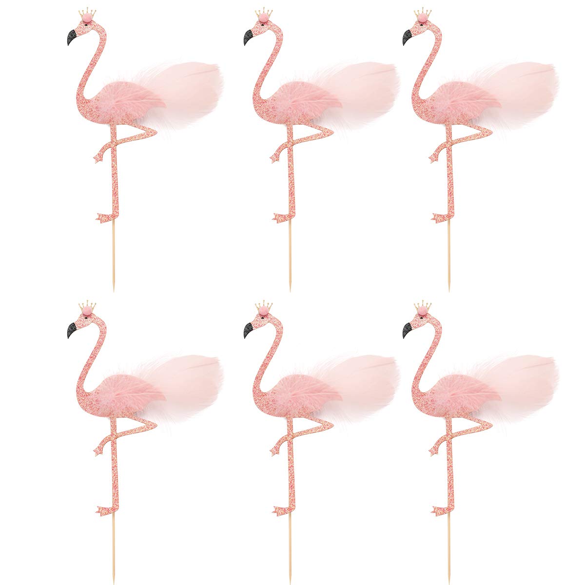 LUOEM 6PCS Flamingo Cake Toppers for Cupcakes - Glitter Paper Hawaiian Themed Decorations for Wedding, Birthday Party, Baby Shower & Special Events - Includes Toothpicks for Easy Placement