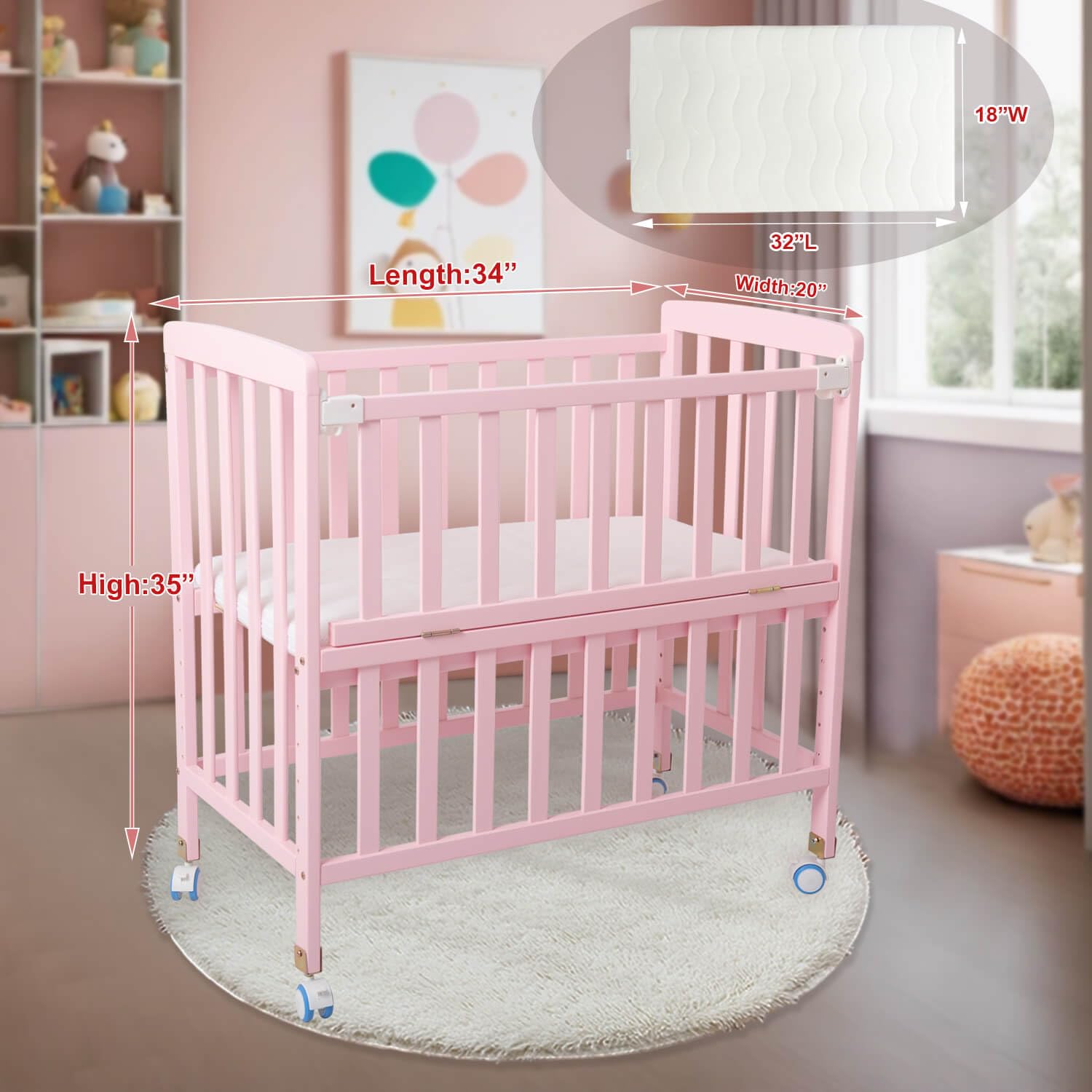 Portable Pine Wood Baby Bassinet Bedside Sleeper - Adjustable 6 Height Crib with Mattress for Newborns 0-12 Months, Space-Saving Nursery Bed for Girls (Pink) - Perfect for Co-Sleeping, Nursery Rooms & Small Spaces