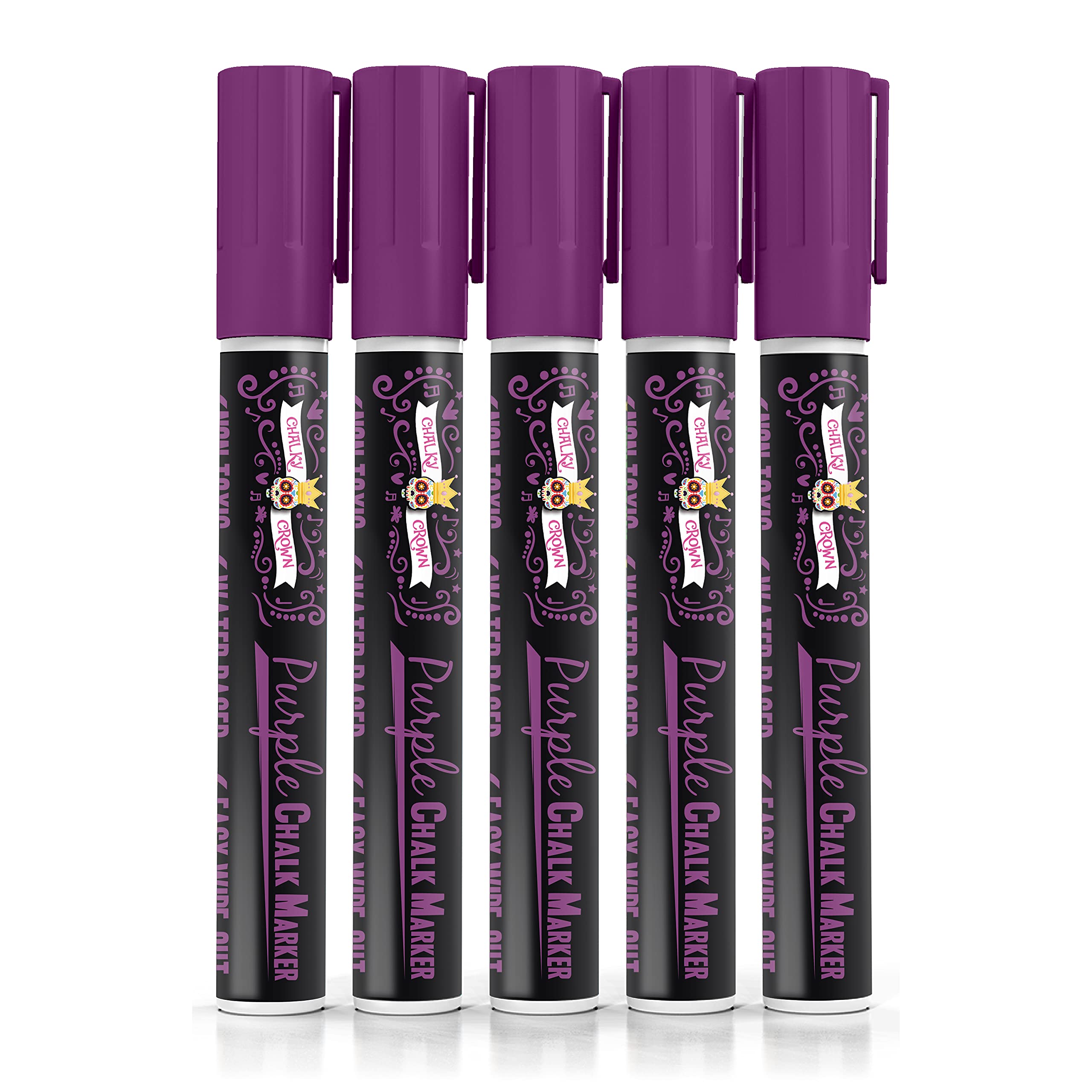 CHALKY CROWN Liquid Chalk Markers - 6mm Reversible Tip Dry Erase Markers for Chalkboard, Blackboard, Windows, Glass & Mirror Writing - Non-Toxic Washable Markers (5 Pack, Purple) - Perfect for Restaurants, Cafes, Retail Signs & DIY Home Decor