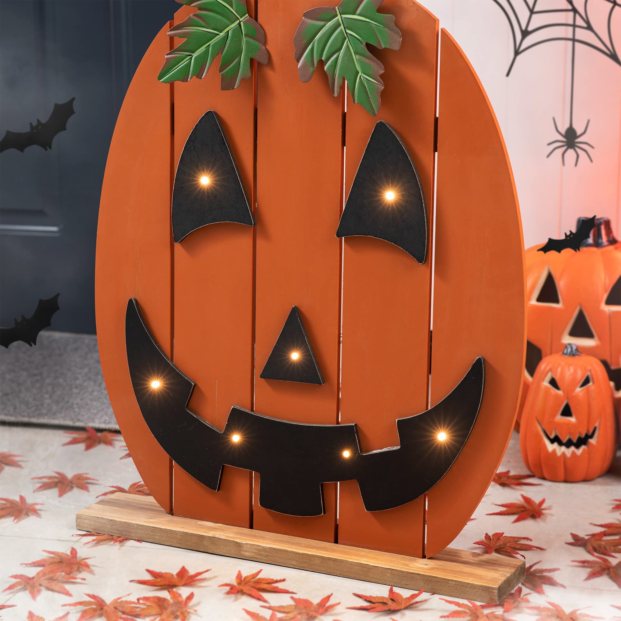 Glitzhome 30-Inch Wooden Halloween Porch Sign with Timer & 7 LED Jack-O'-Lanterns - Outdoor Fall Decor for Porch, Yard, and Halloween Party Decorations
